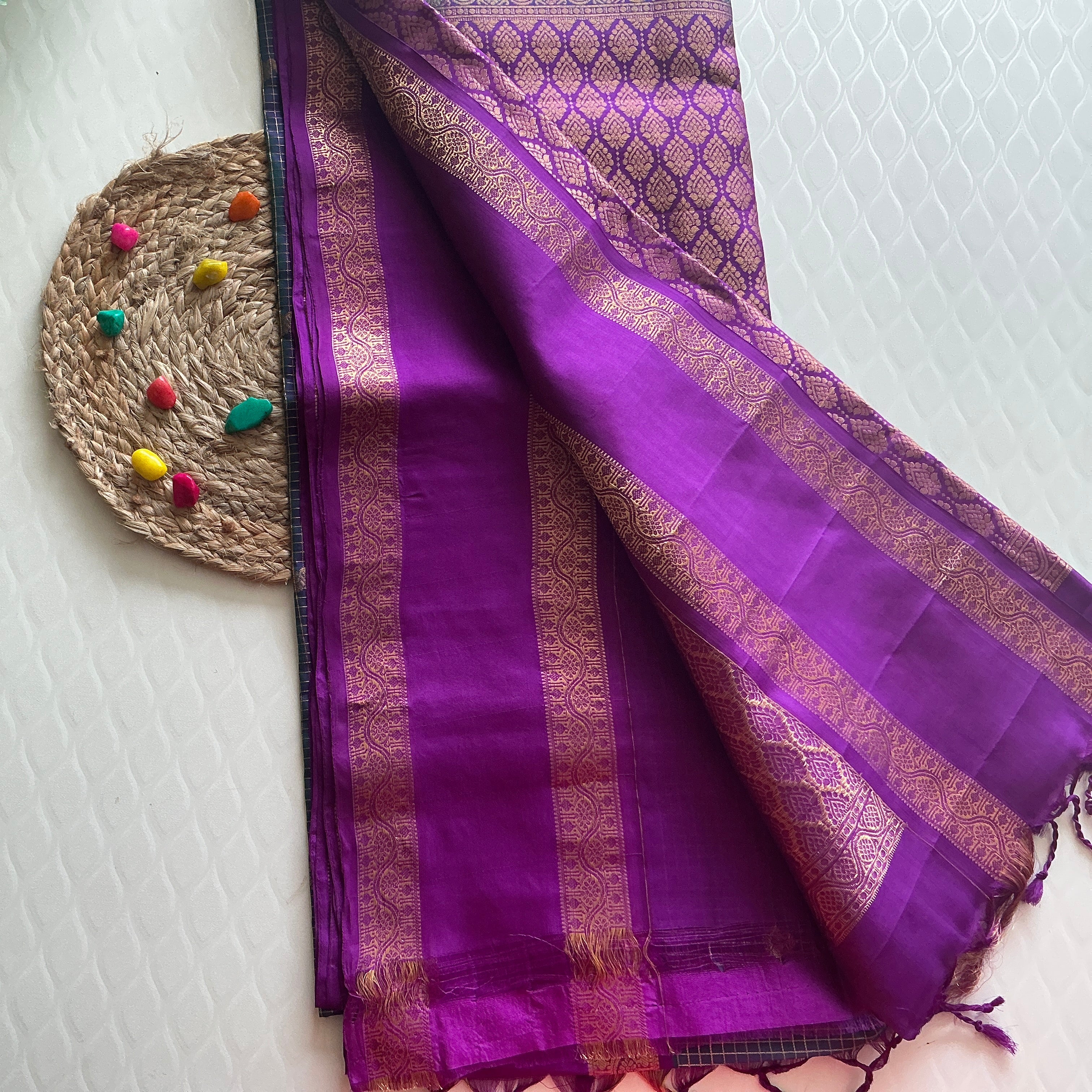 TRADITIONAL TEAL BLUE  AND PURPLE KNCHI  BUTTAS PATTU SAREE
