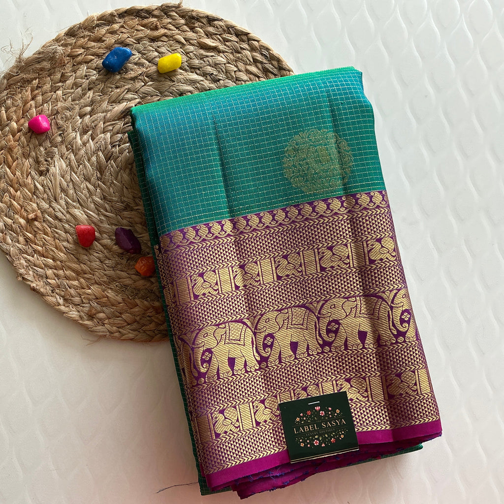 ROYAL BLUE VINTAGE CHECKS PATTU SAREE WITH PURRPLE ZARI BORDER