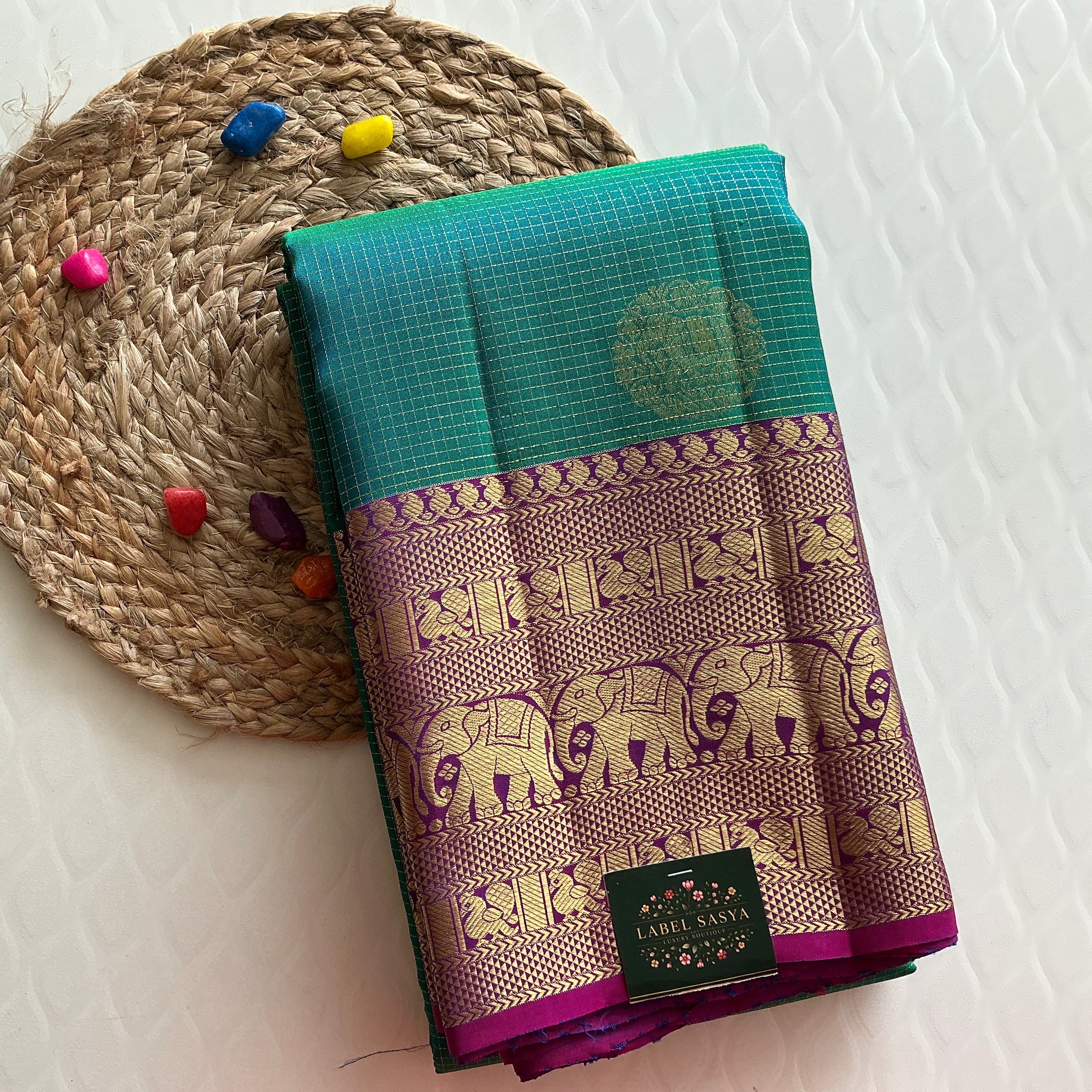 ROYAL BLUE VINTAGE CHECKS PATTU SAREE WITH PURRPLE ZARI BORDER
