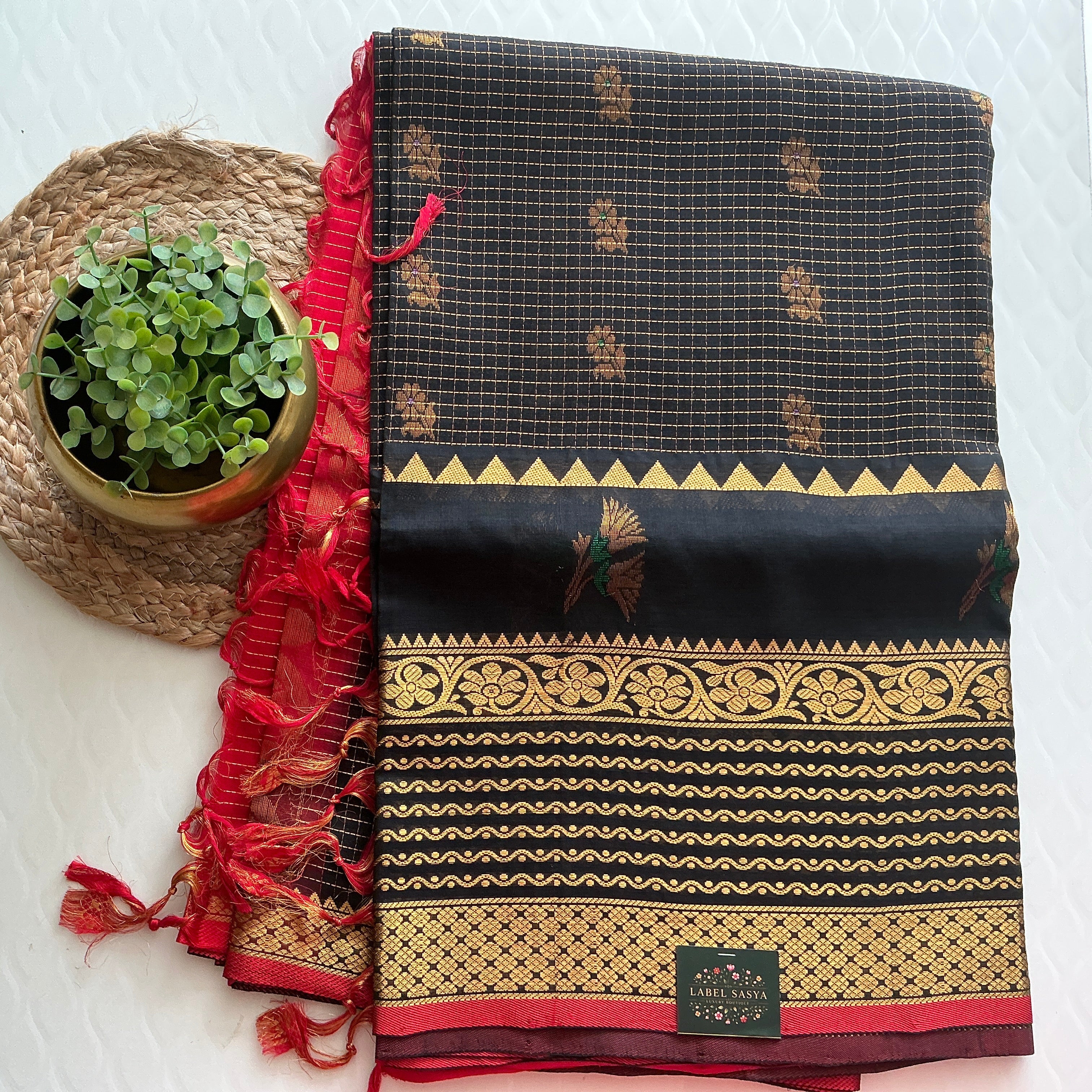 PREMIUM  MANGALAGIRI PATTU BLACK AND RED BUTTAS SAREE