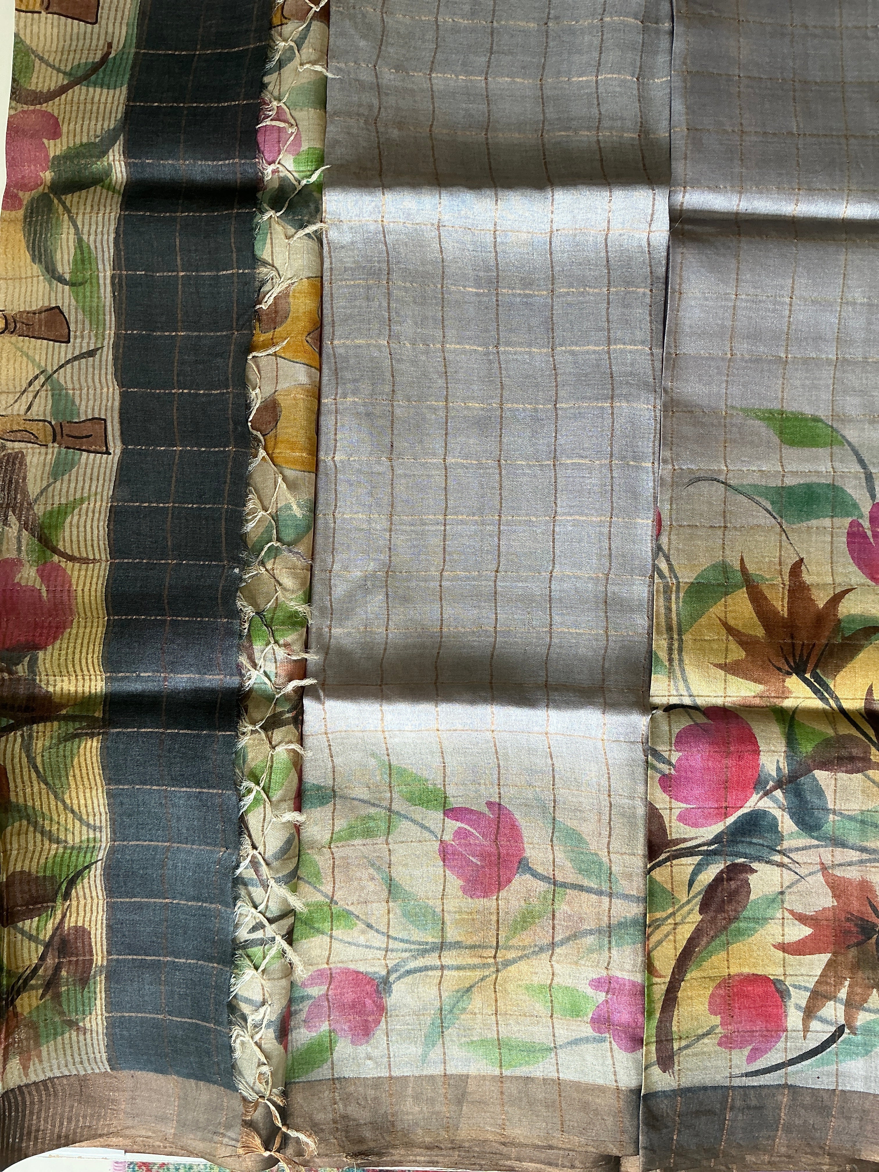 PREMIUM PURE TUSSER CHECKS SAREE ASH AND PINK SAREE