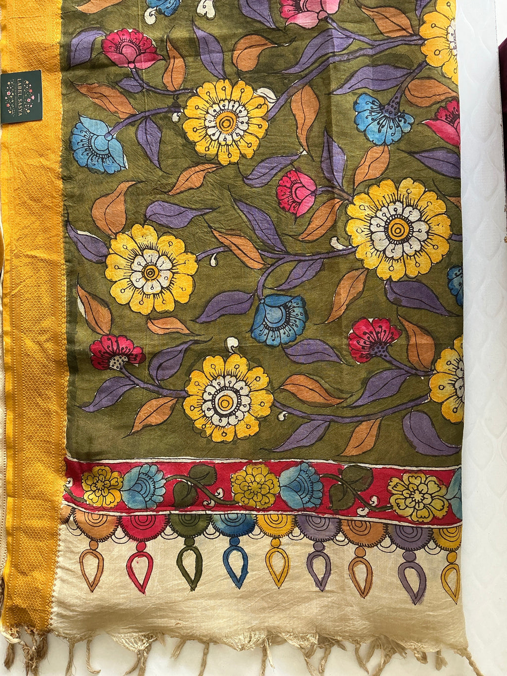 PREMIUM KALANKARI PESARA GREEN AND GOOLD BORDER DUPATTA