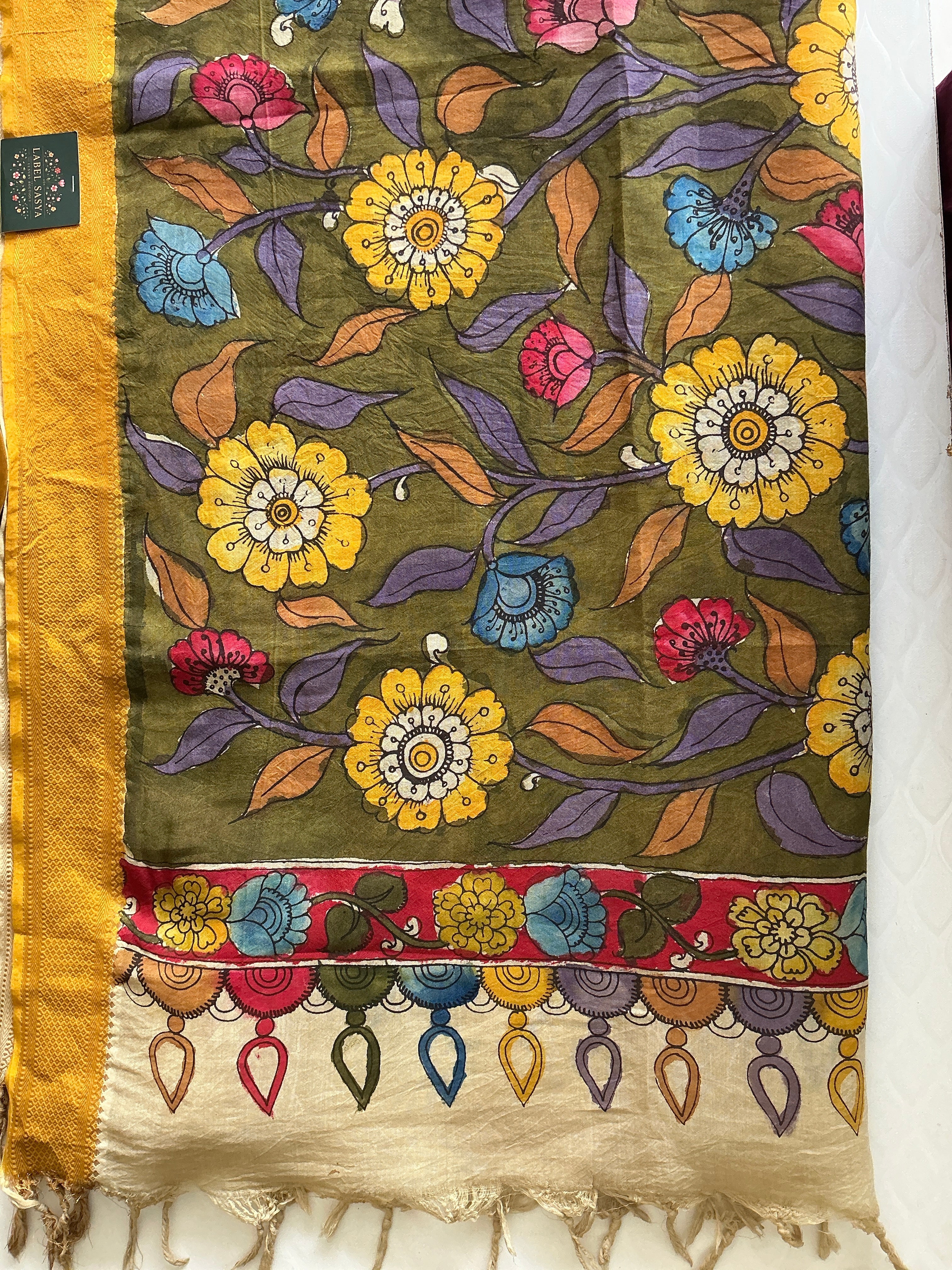 PREMIUM KALANKARI PESARA GREEN AND GOOLD BORDER DUPATTA