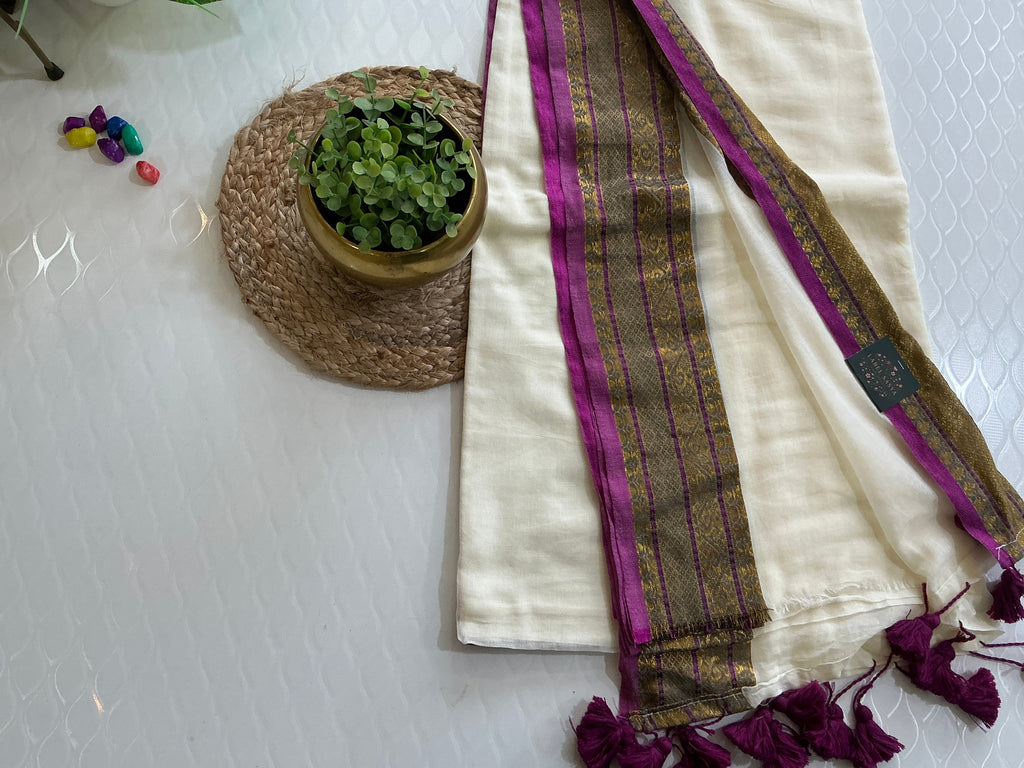 PREMIUM MUL COTTON WHITE AND PURPLE KANCHI BORDER SAREE