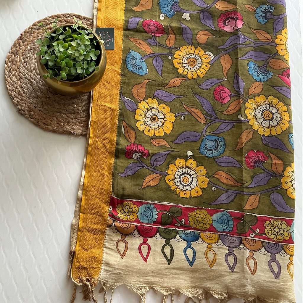 PREMIUM KALANKARI PESARA GREEN AND GOOLD BORDER DUPATTA
