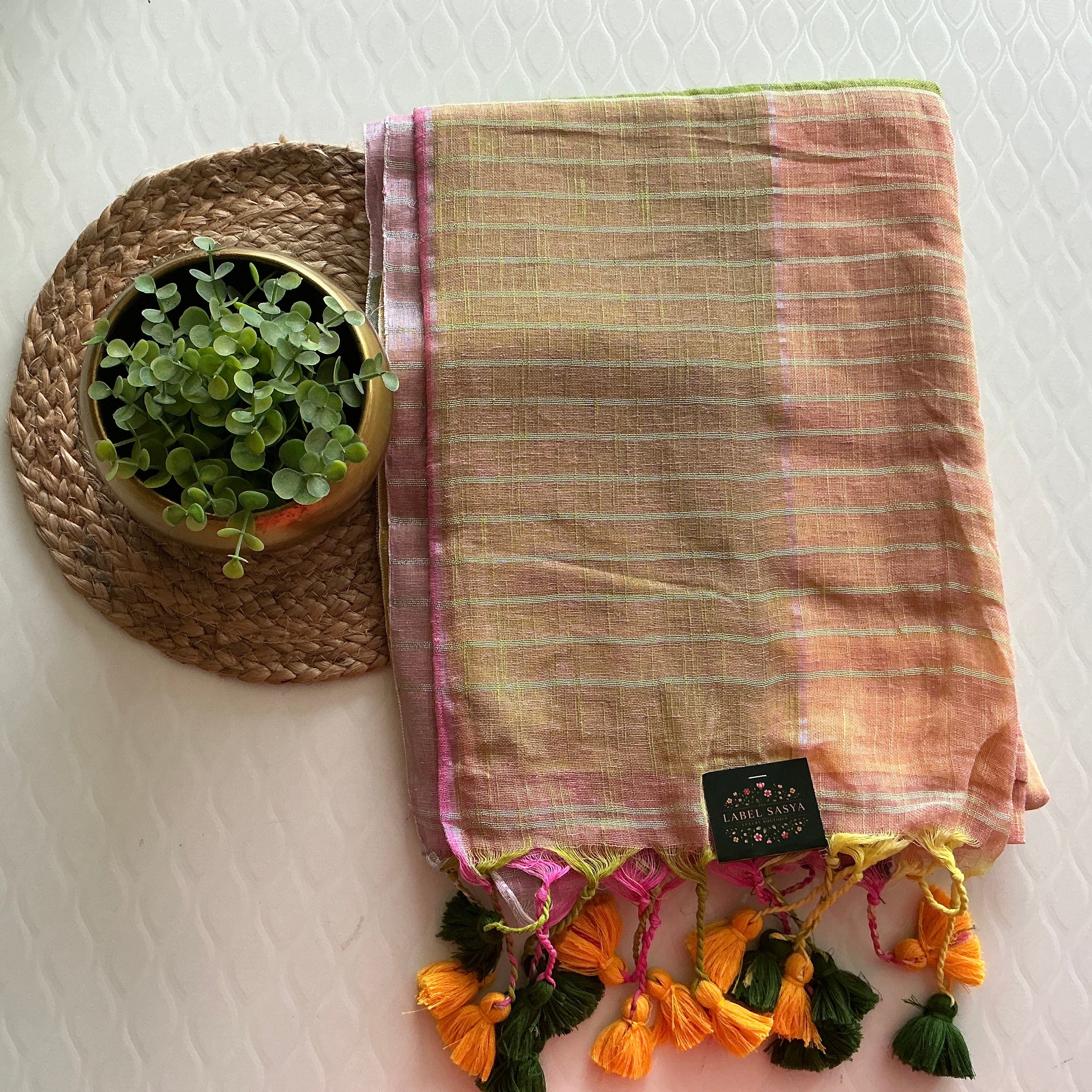 PREMIUM PURE LENIN CHECKS SAREE MULTI COLOUR