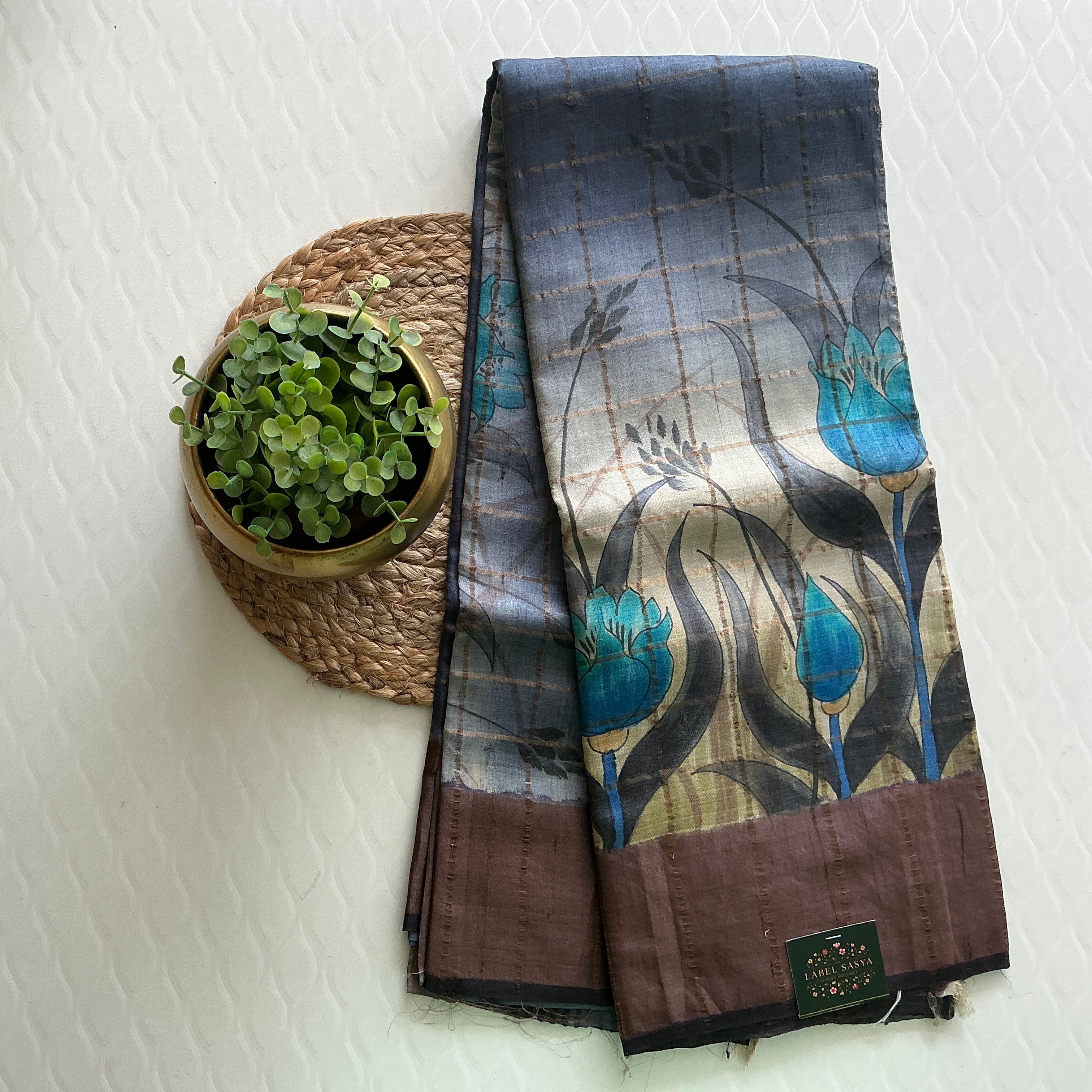 PREMIUM PURE TUSSER CHECKS ELEPHANT BLUE SAREE