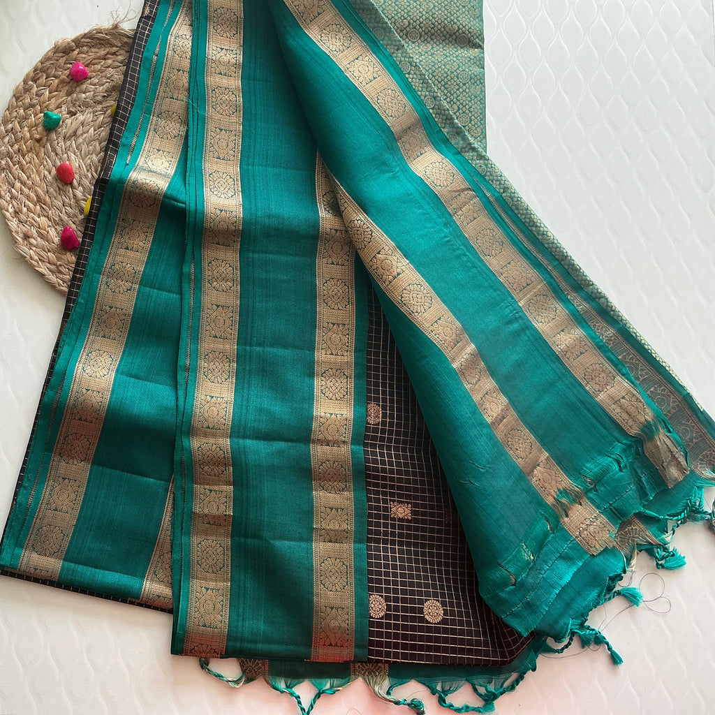 PREMIUM KANCHI  PATTU SAREE DARK BROWAN AND SKY BLUE BUTTAS