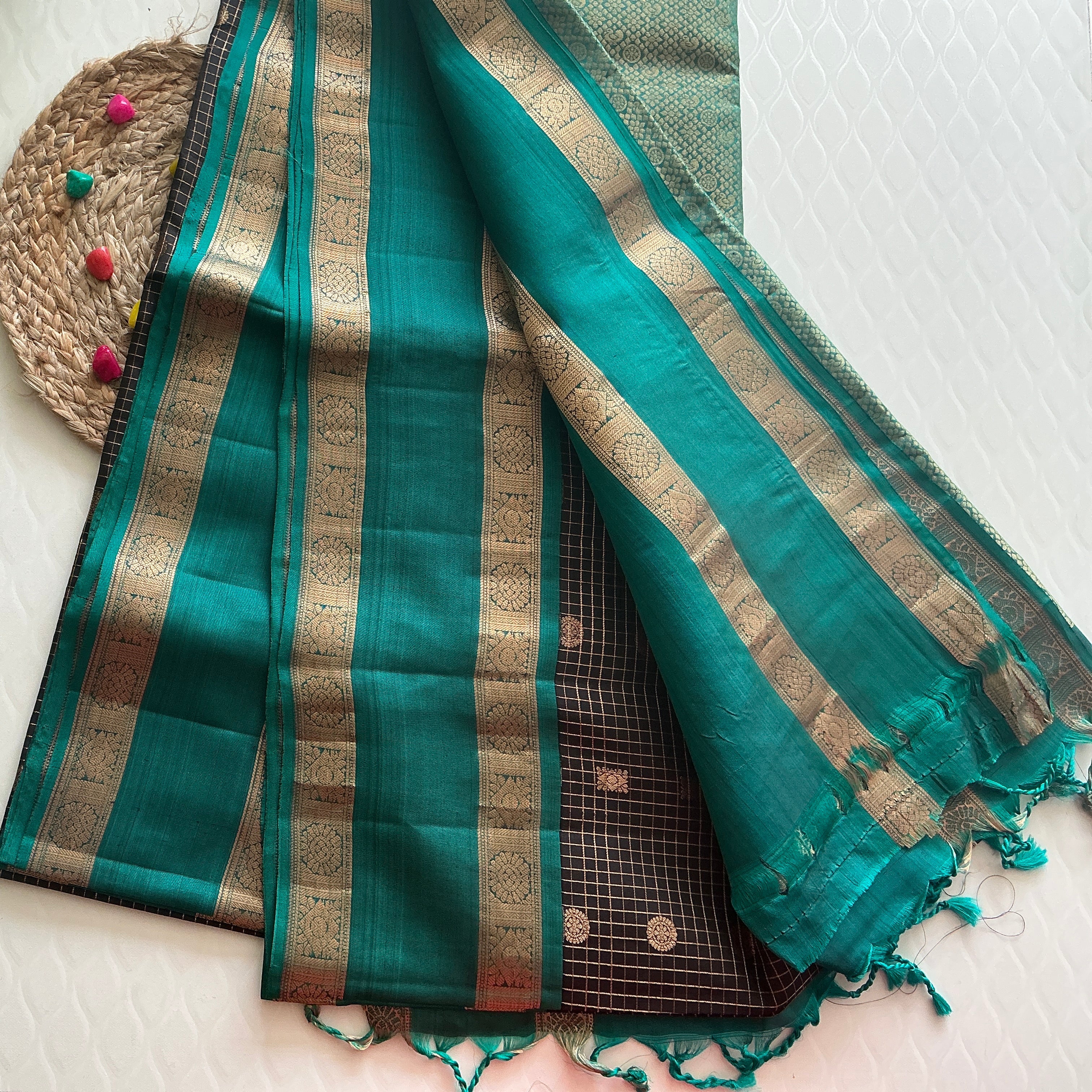 PREMIUM KANCHI  PATTU SAREE DARK BROWAN AND SKY BLUE BUTTAS