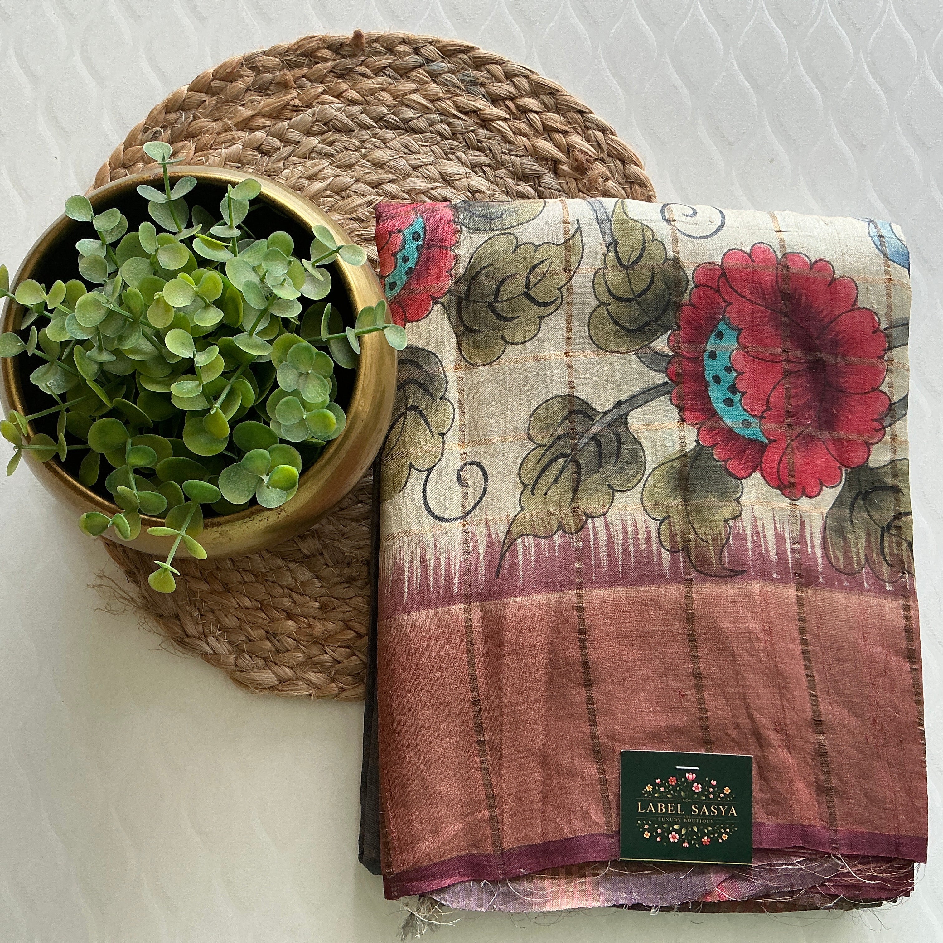 PREMIUM TUSSER CHECKS SAREE ASH AND KALANKARI BORDER