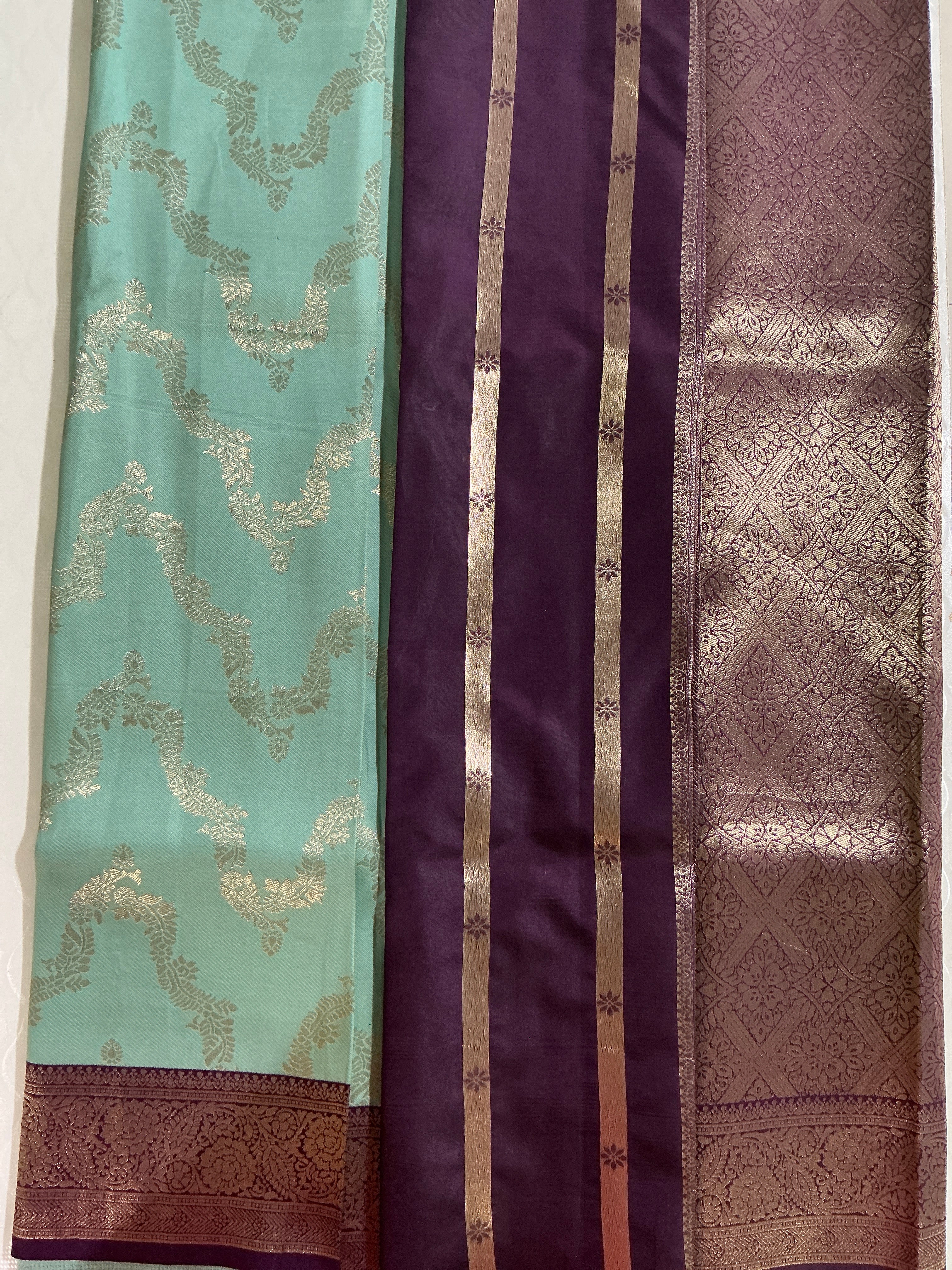PREMIUM PATTU CONTRAST TEAL AND PURPLE BORDER