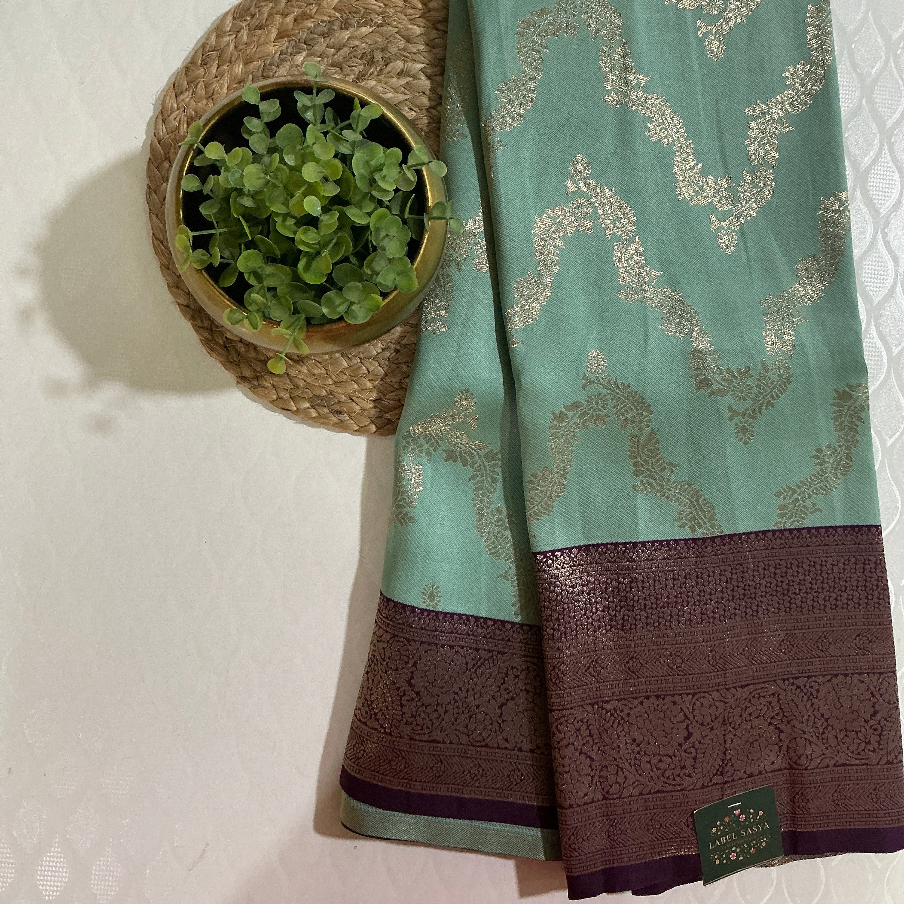 PREMIUM PATTU CONTRAST TEAL AND PURPLE BORDER