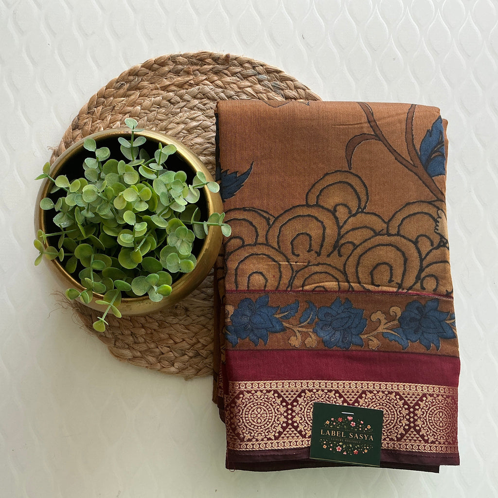 PREMIUM PURE CHANDERI BROWN AND MAROON BORDER SAREE