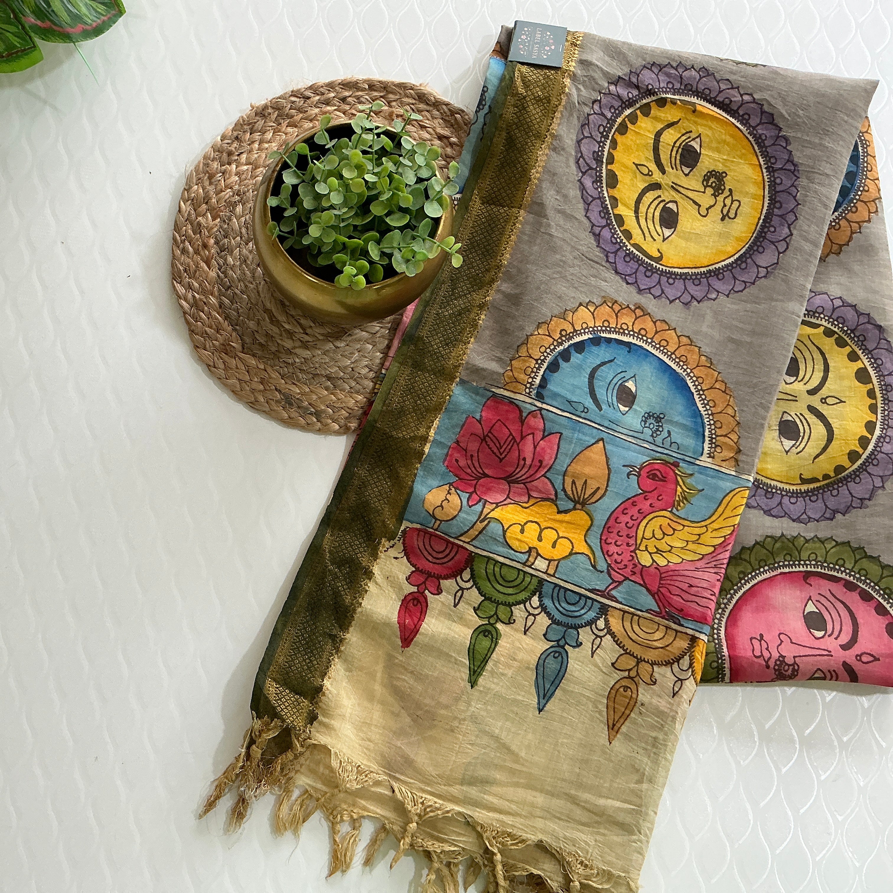 PREMIUM KALANKARI DUPATTA CEMENT AND GREEN BORDER