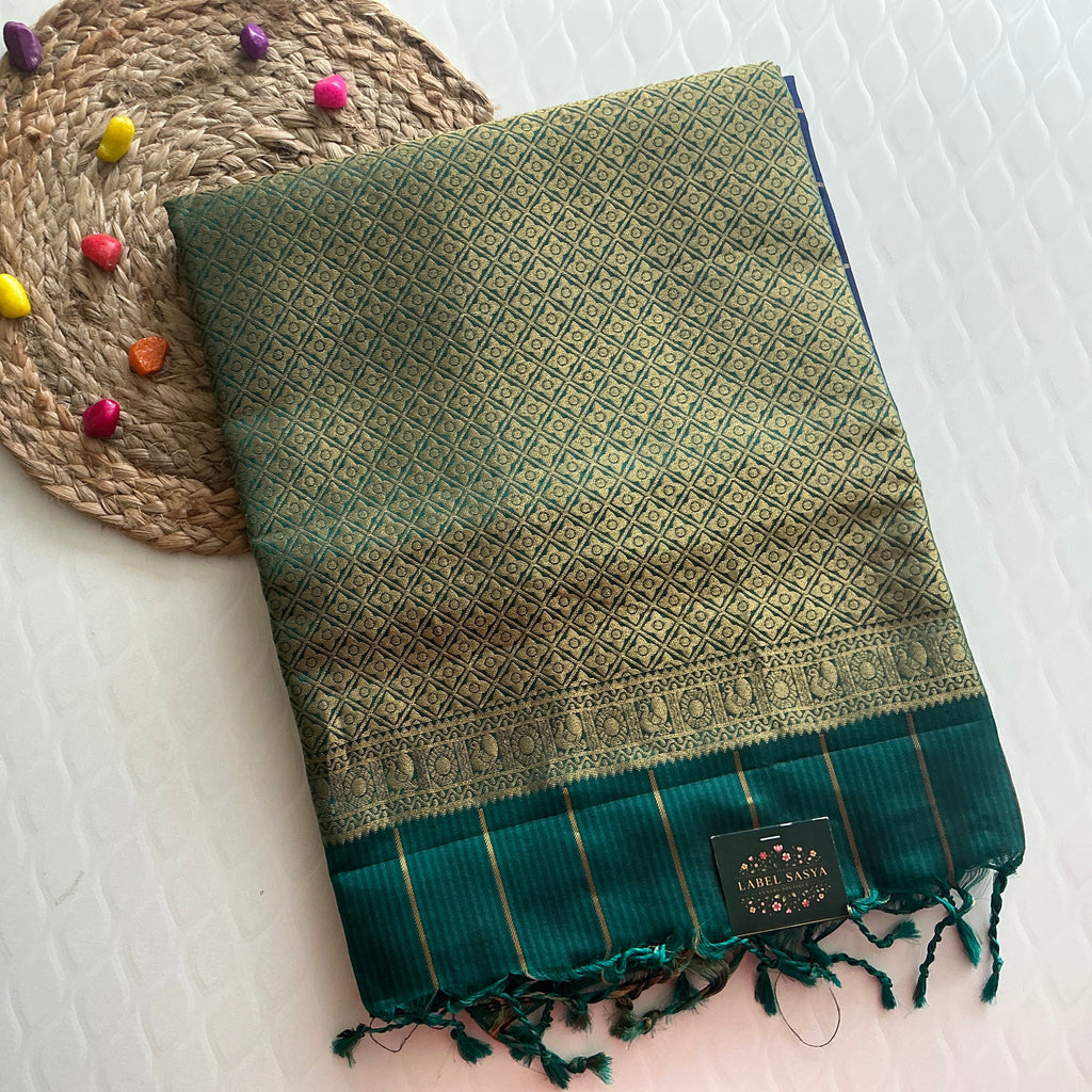 ROYAL BLUE KANCHI PATTU SAREE WITH TEAL BLUE ZARI BORDER