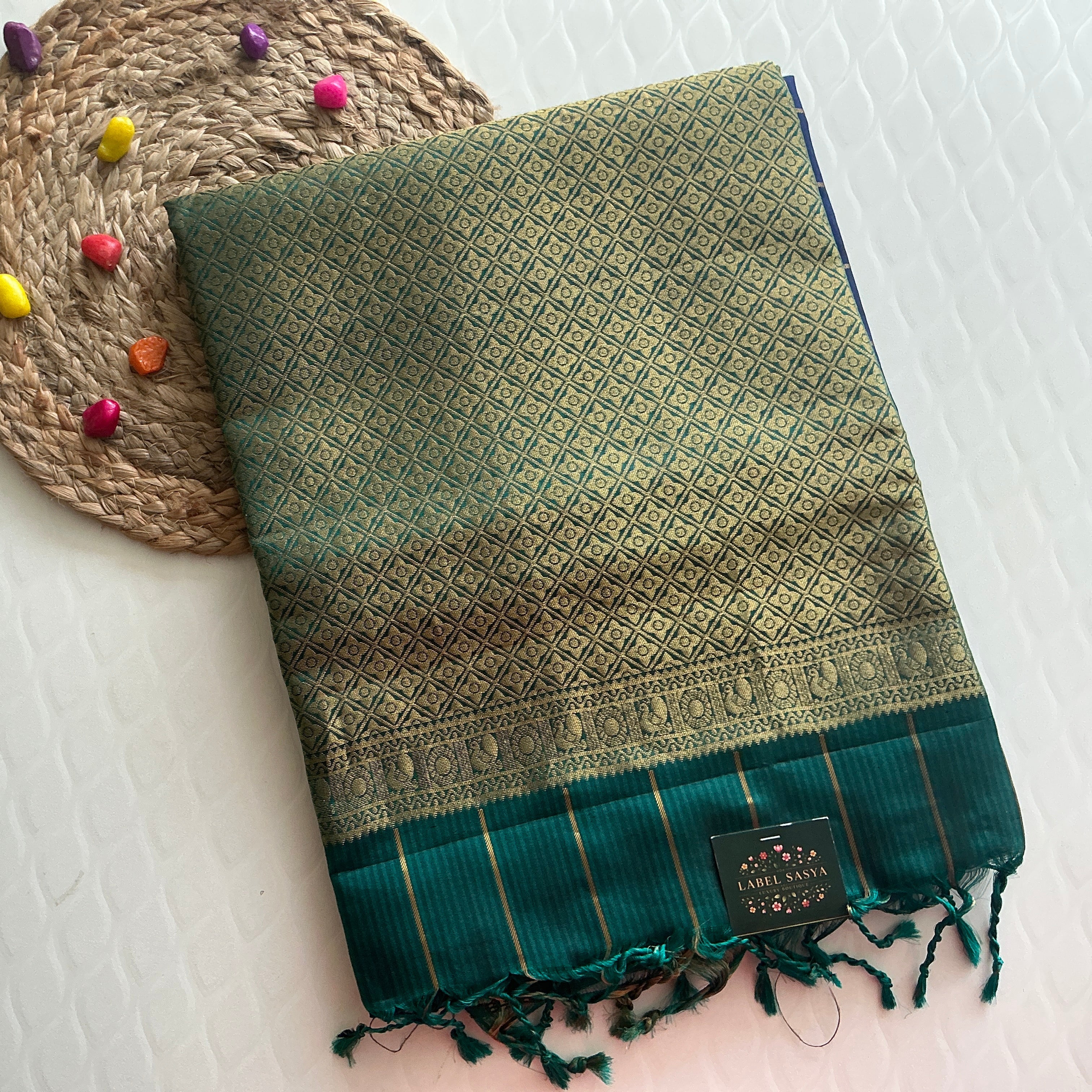 ROYAL BLUE KANCHI PATTU SAREE WITH TEAL BLUE ZARI BORDER