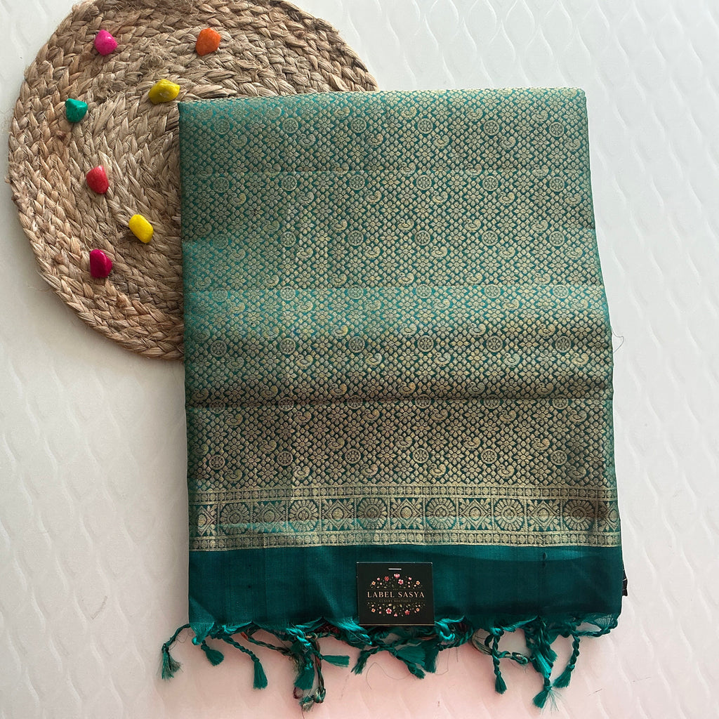 PREMIUM KANCHI  PATTU SAREE DARK BROWAN AND SKY BLUE BUTTAS