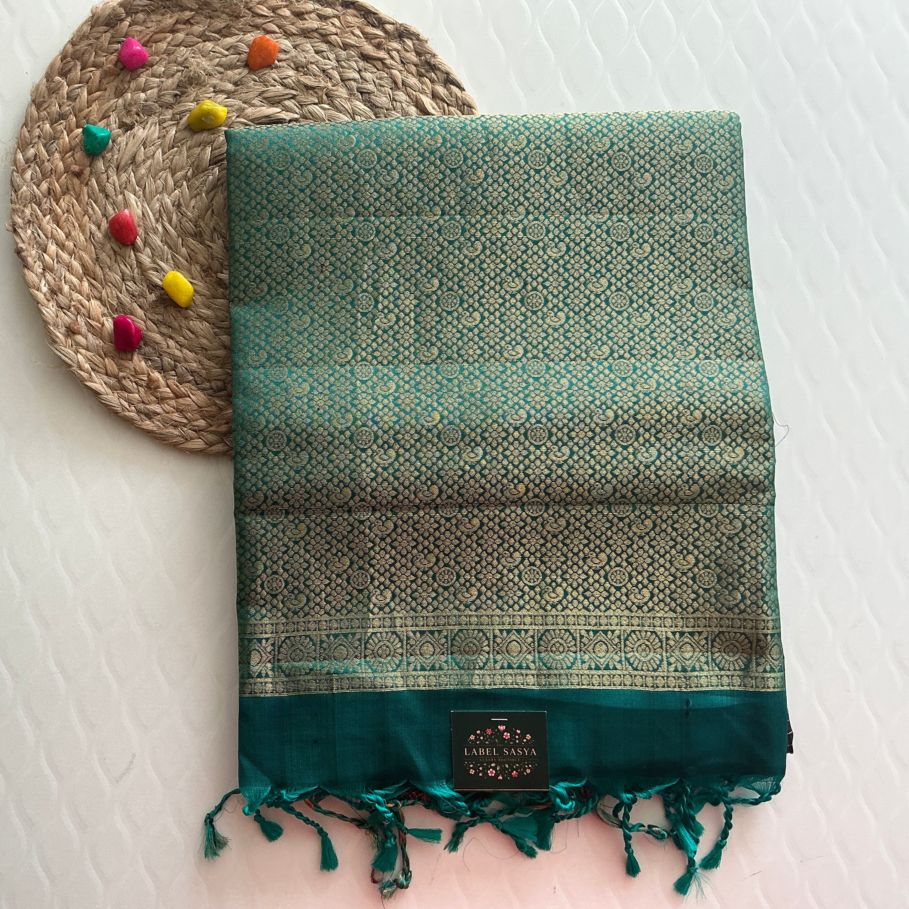 PREMIUM KANCHI  PATTU SAREE DARK BROWAN AND SKY BLUE BUTTAS