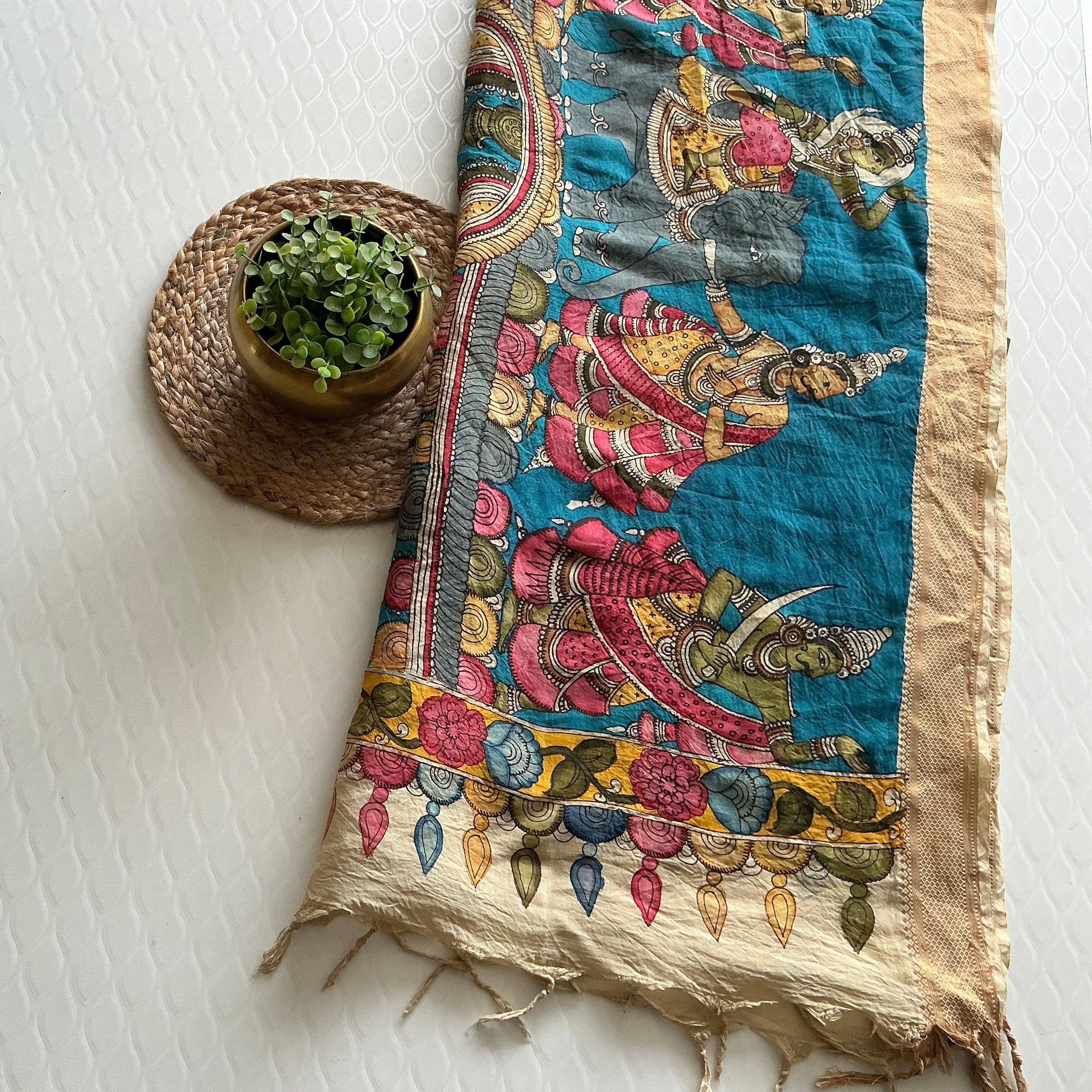 PREMIUM PURE KALANKARI BLUE AND OFF WHITE BORDER DUPATTA