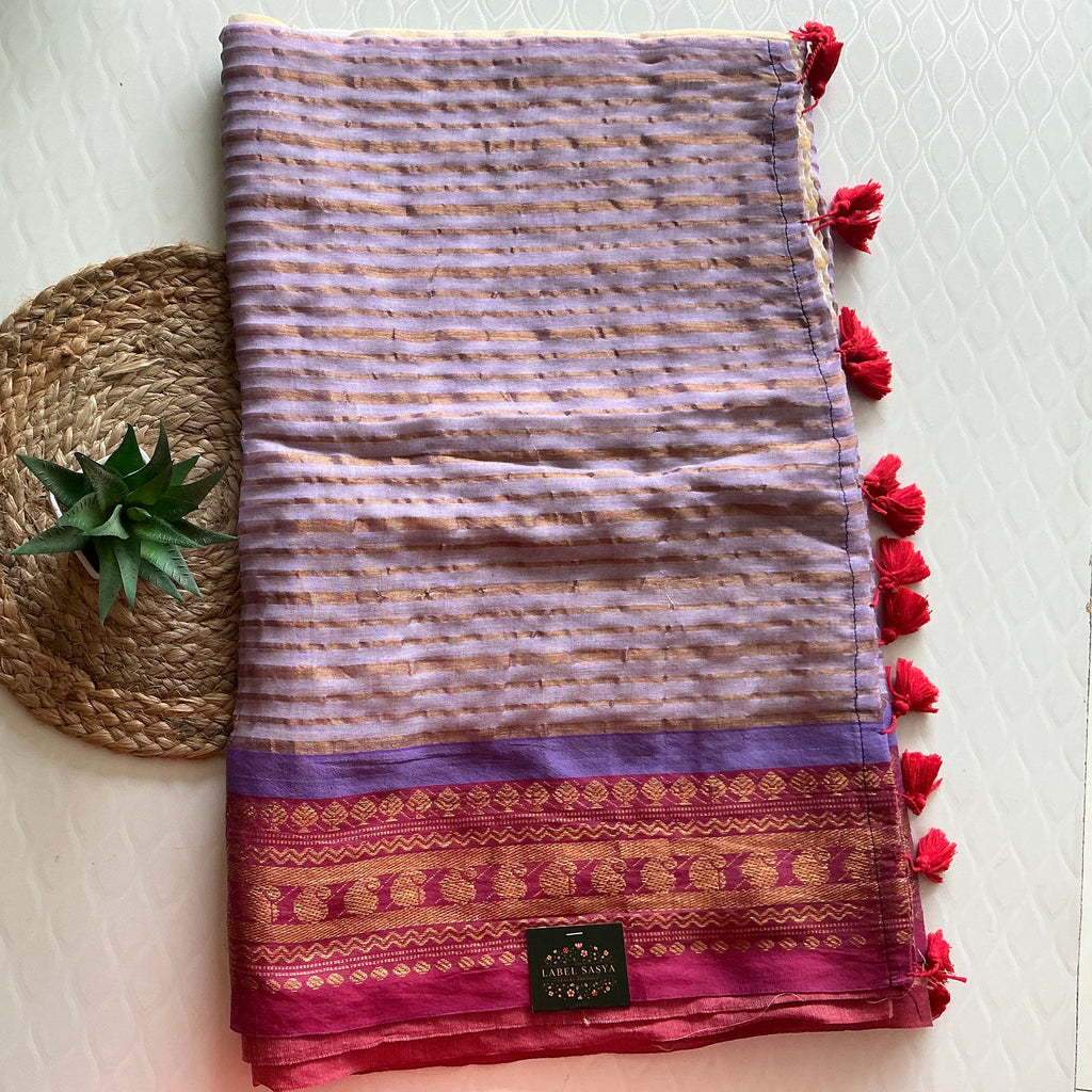 PREMIUM MUL COTTON LAVENDER AND ORANGE BUTTAS SAREE