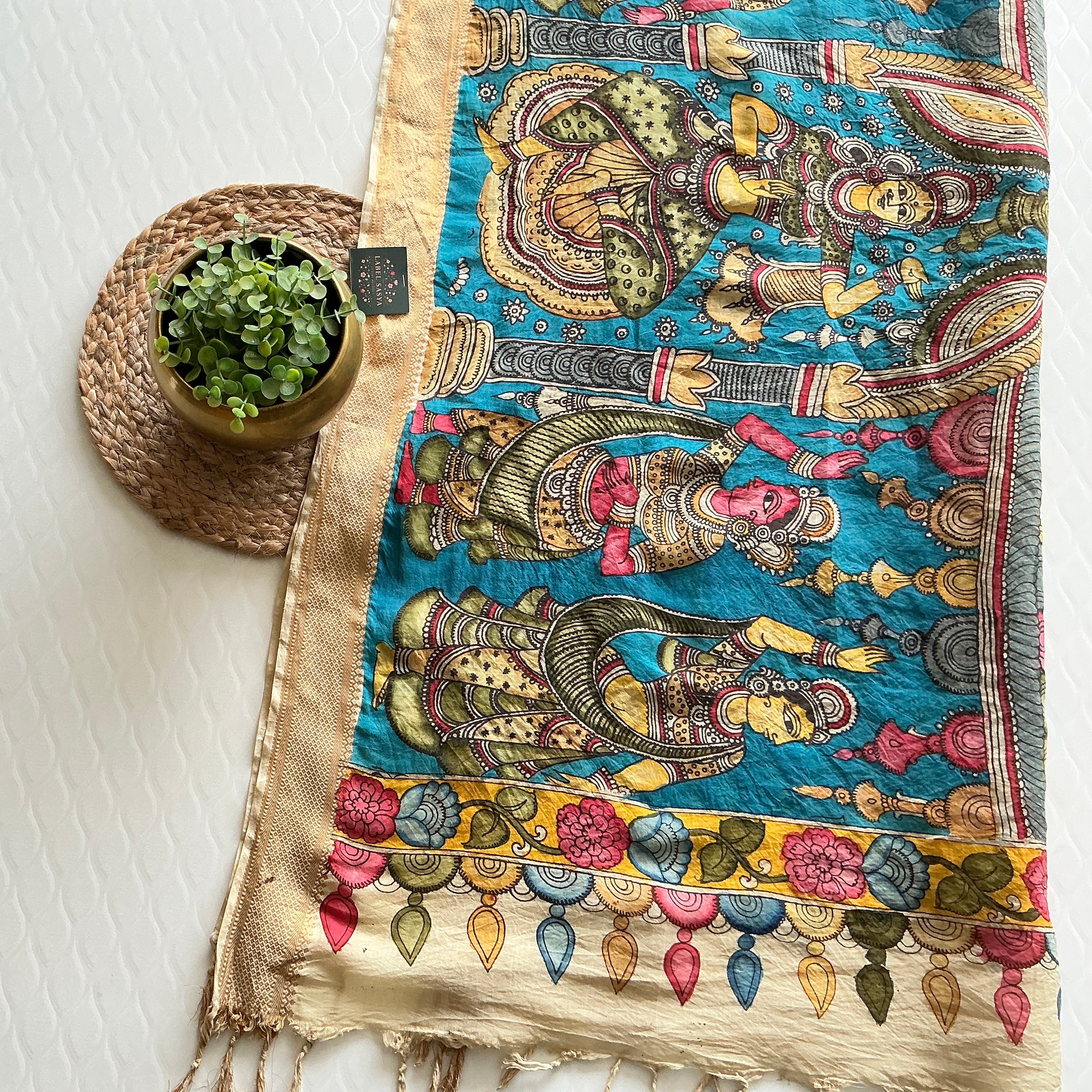 PREMIUM PURE KALANKARI BLUE AND OFF WHITE BORDER DUPATTA