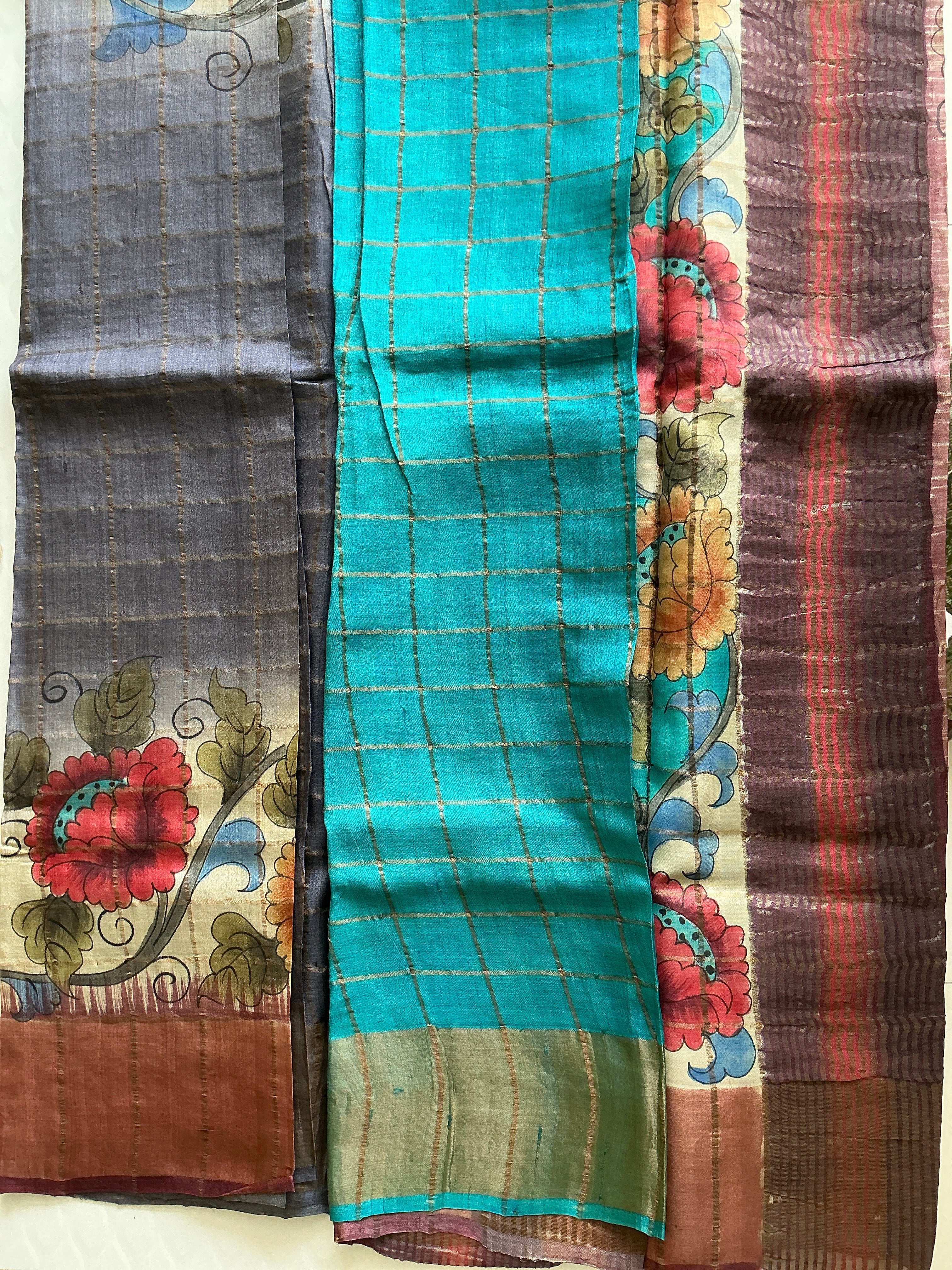 PREMIUM TUSSER CHECKS SAREE ASH AND KALANKARI BORDER