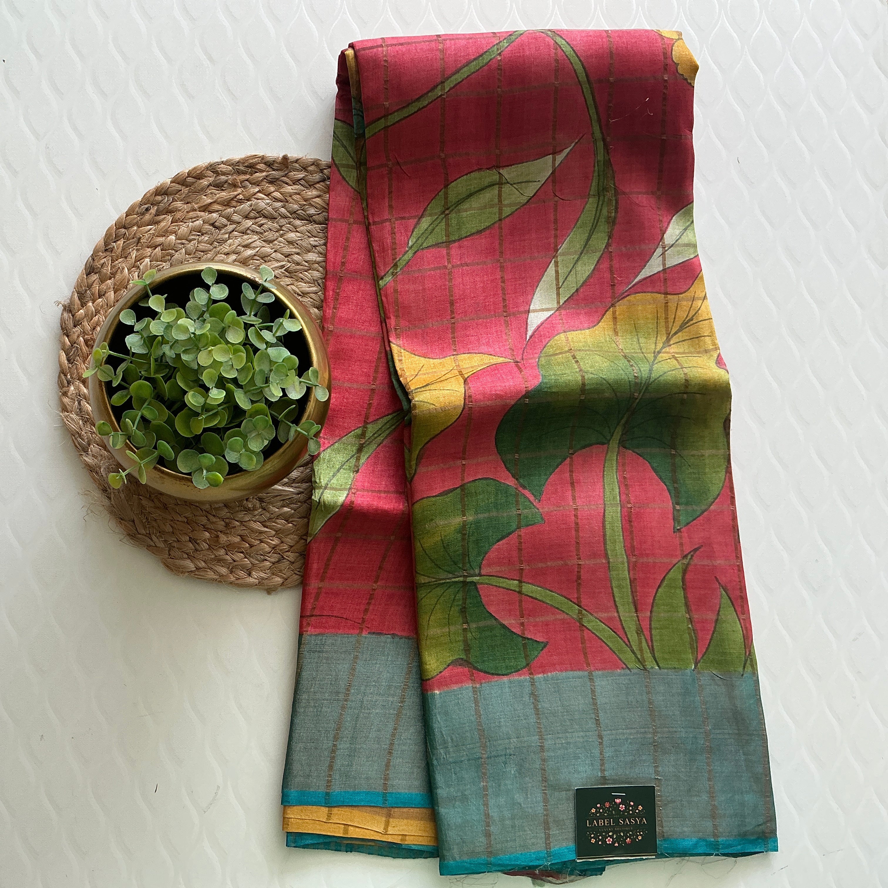 PREMIUM PURE CHECKS PINK AND BLUE SAREE