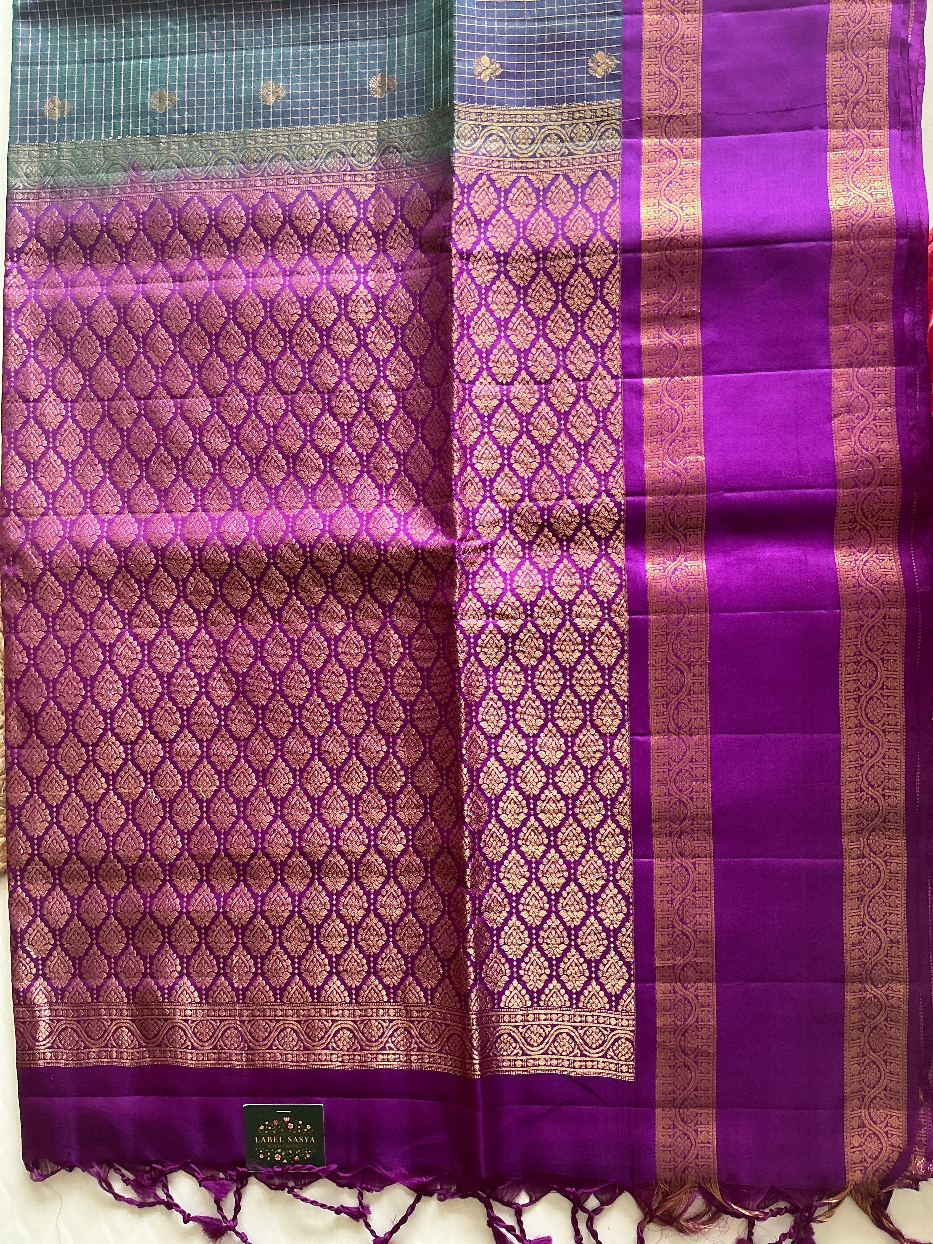 TRADITIONAL TEAL BLUE  AND PURPLE KNCHI  BUTTAS PATTU SAREE