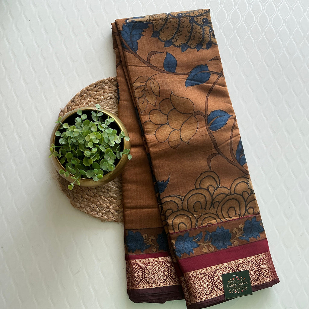 PREMIUM PURE CHANDERI BROWN AND MAROON BORDER SAREE