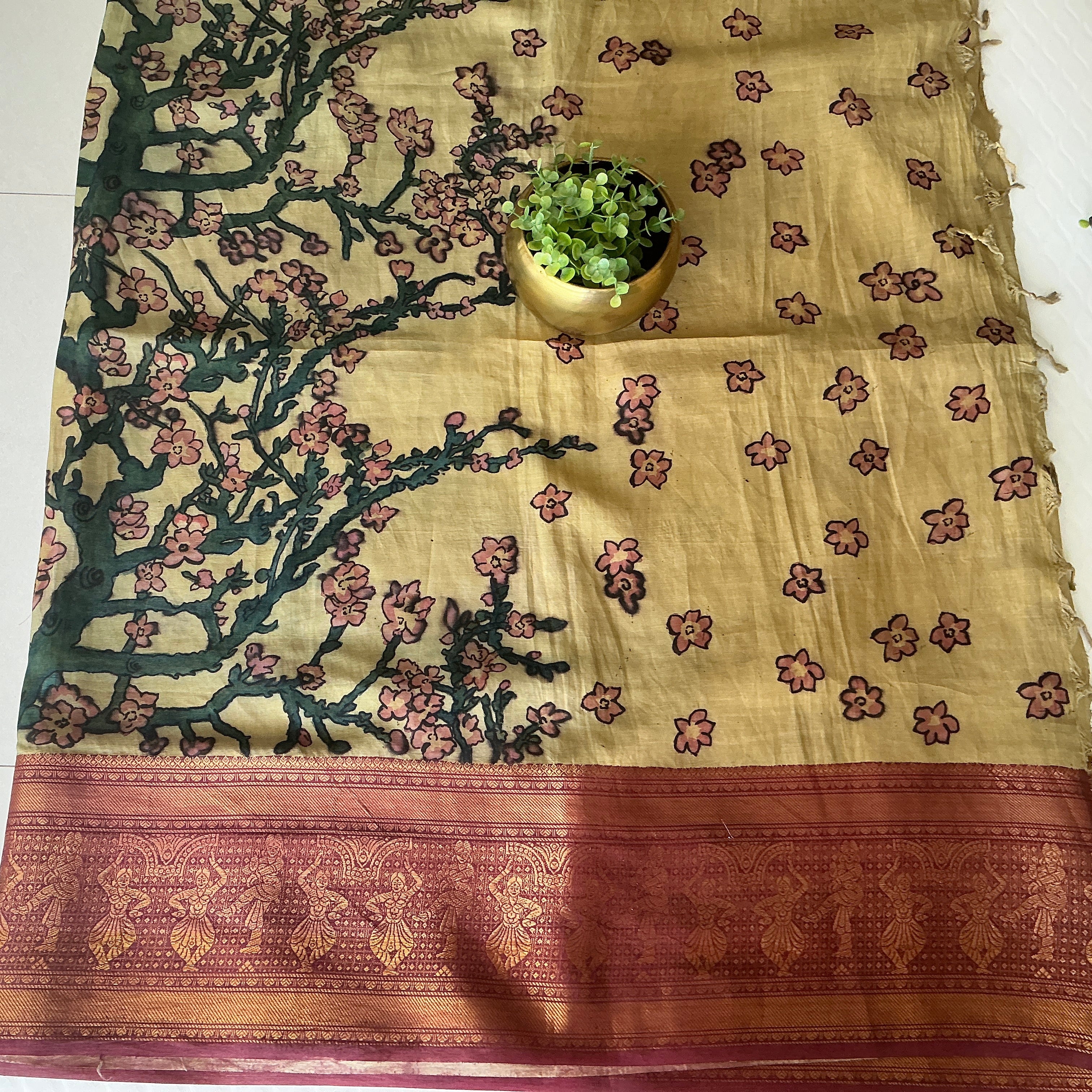 PREMIUM PURE KALANKARI BANGALORE SILK BLUE AND RED BORDER