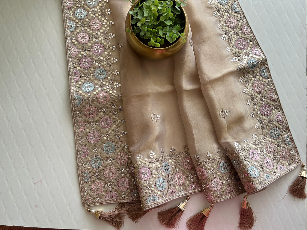PREMIUM MIRROR WORK SAREE CREAM COLOUR