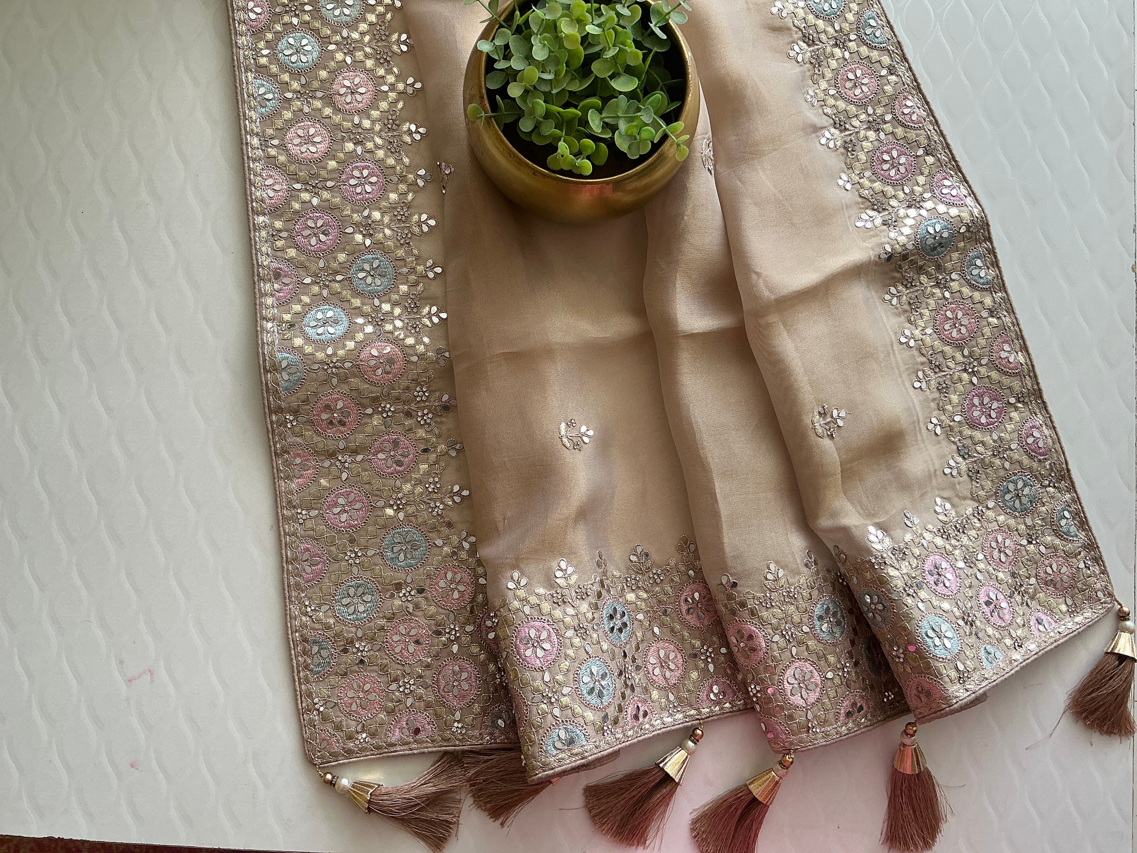 PREMIUM MIRROR WORK SAREE CREAM COLOUR