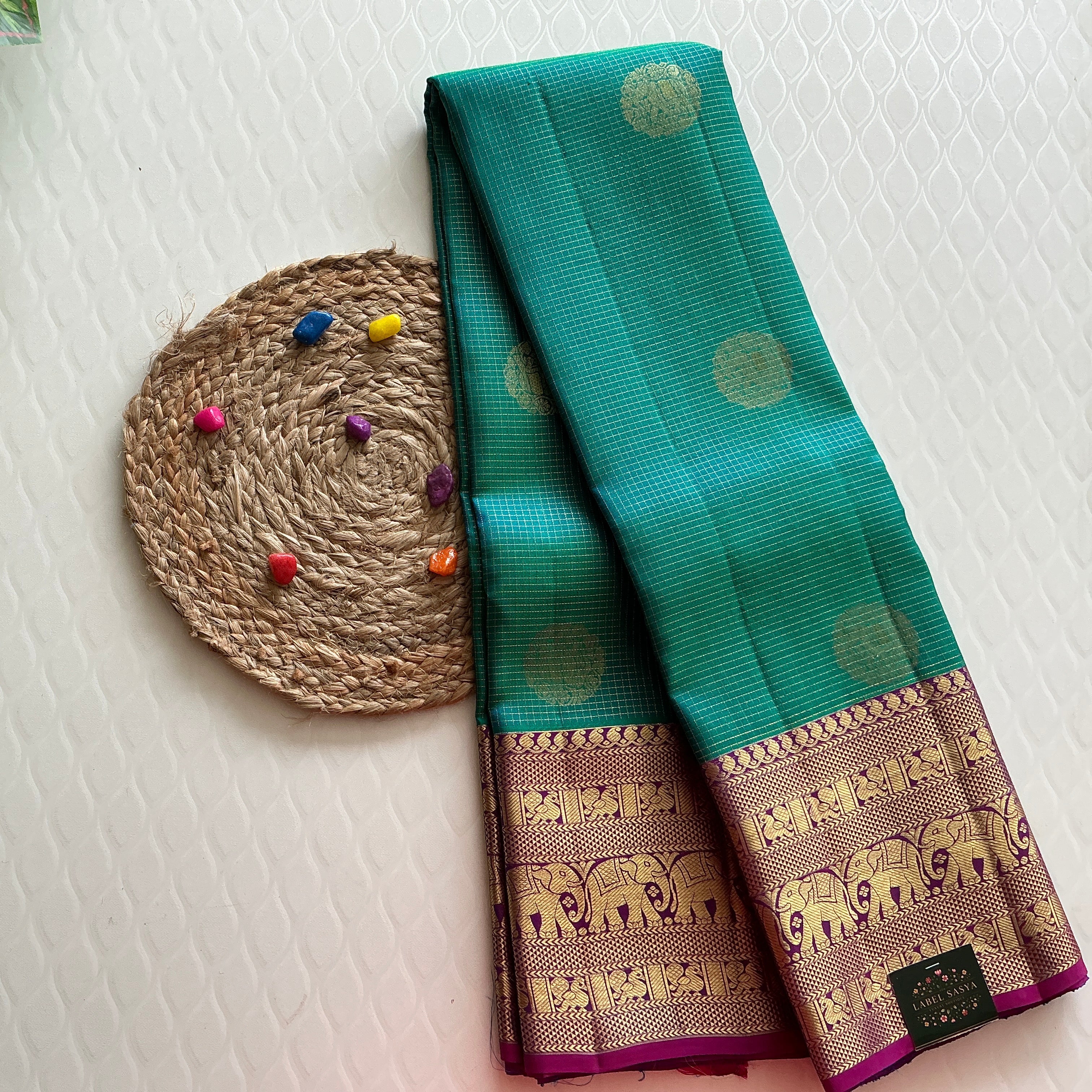 ROYAL BLUE VINTAGE CHECKS PATTU SAREE WITH PURRPLE ZARI BORDER