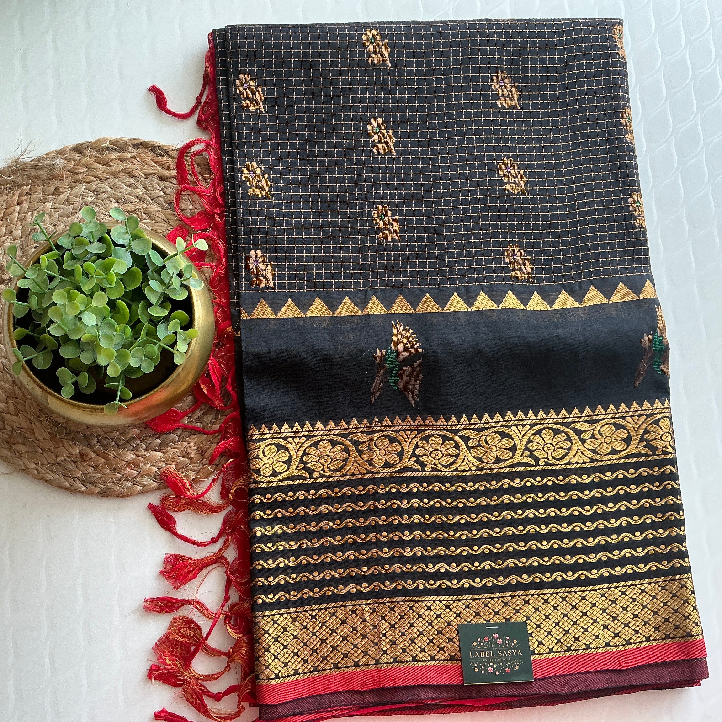 PREMIUM  MANGALAGIRI PATTU BLACK AND RED BUTTAS SAREE