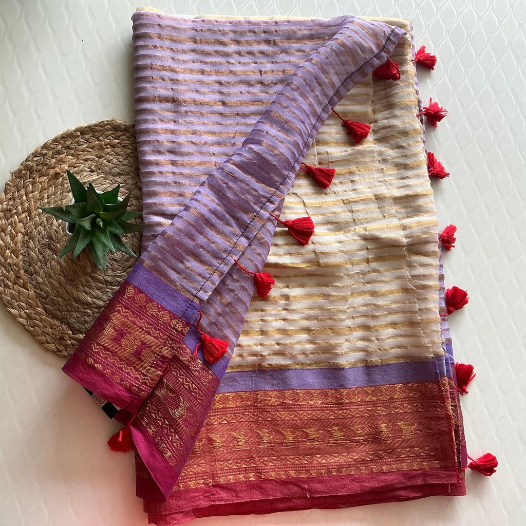 PREMIUM MUL COTTON LAVENDER AND ORANGE BUTTAS SAREE