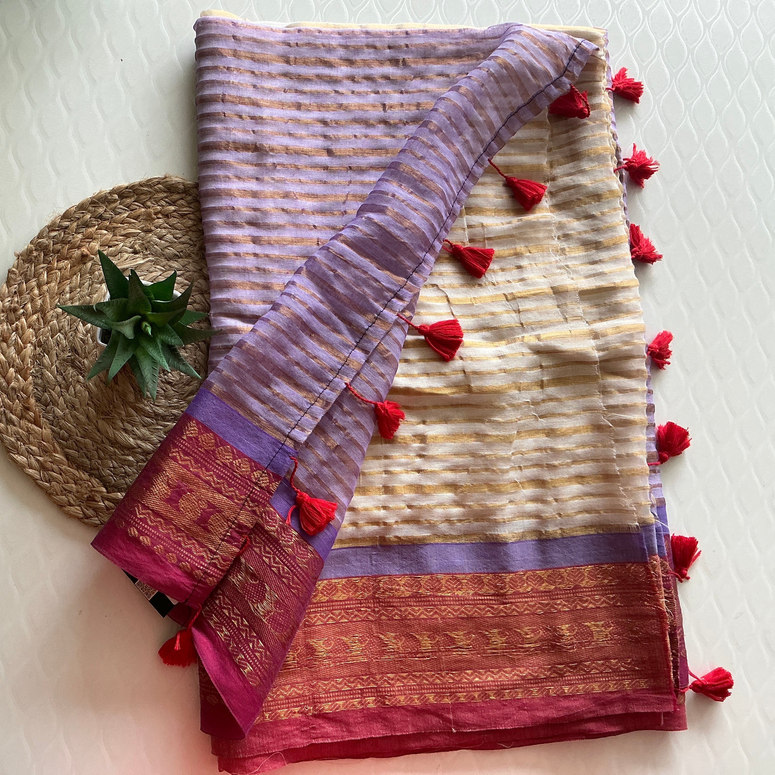 PREMIUM MUL COTTON LAVENDER AND ORANGE BUTTAS SAREE