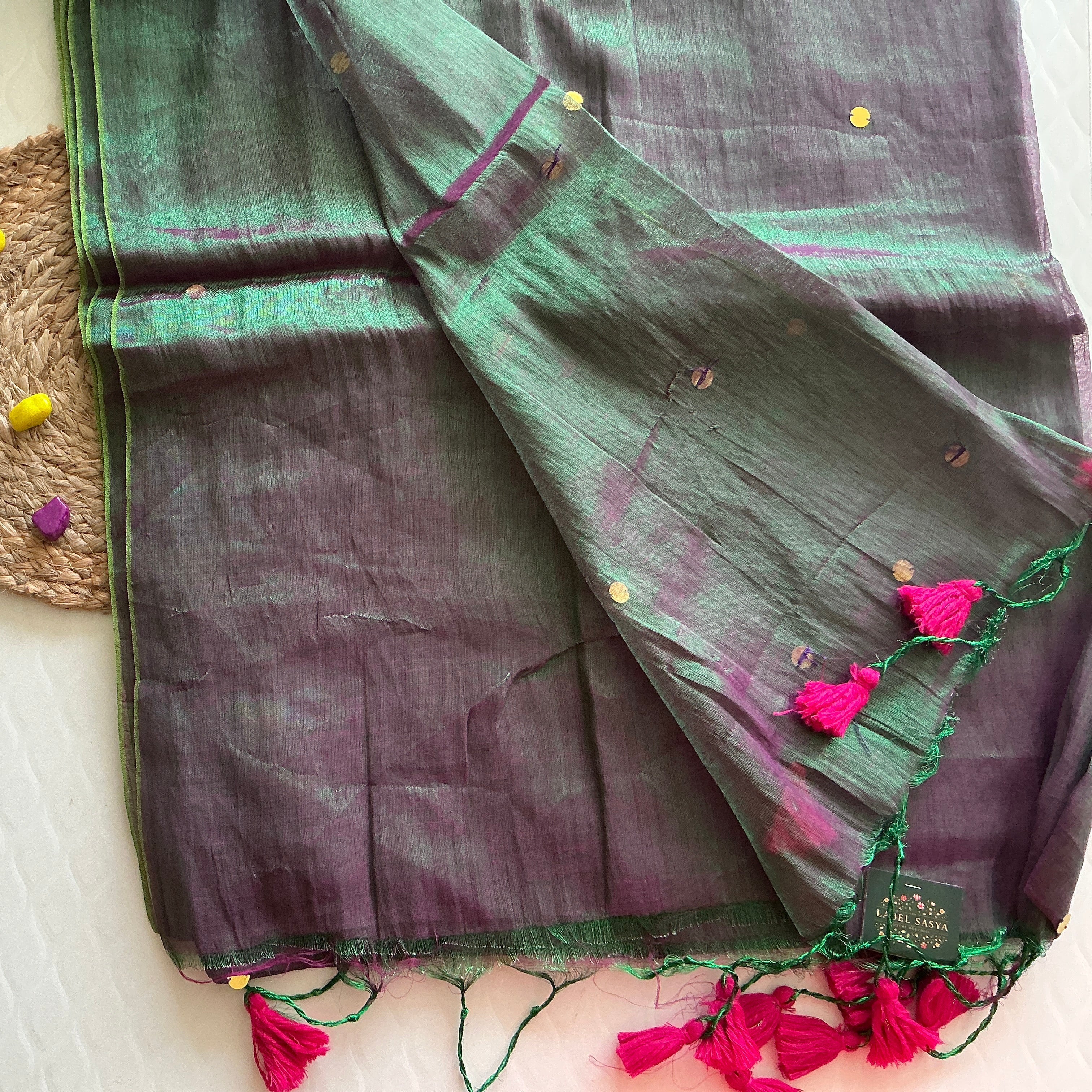 PREMIUM GINI TISSUE SAREE GREEN AND PINK BUTTAS