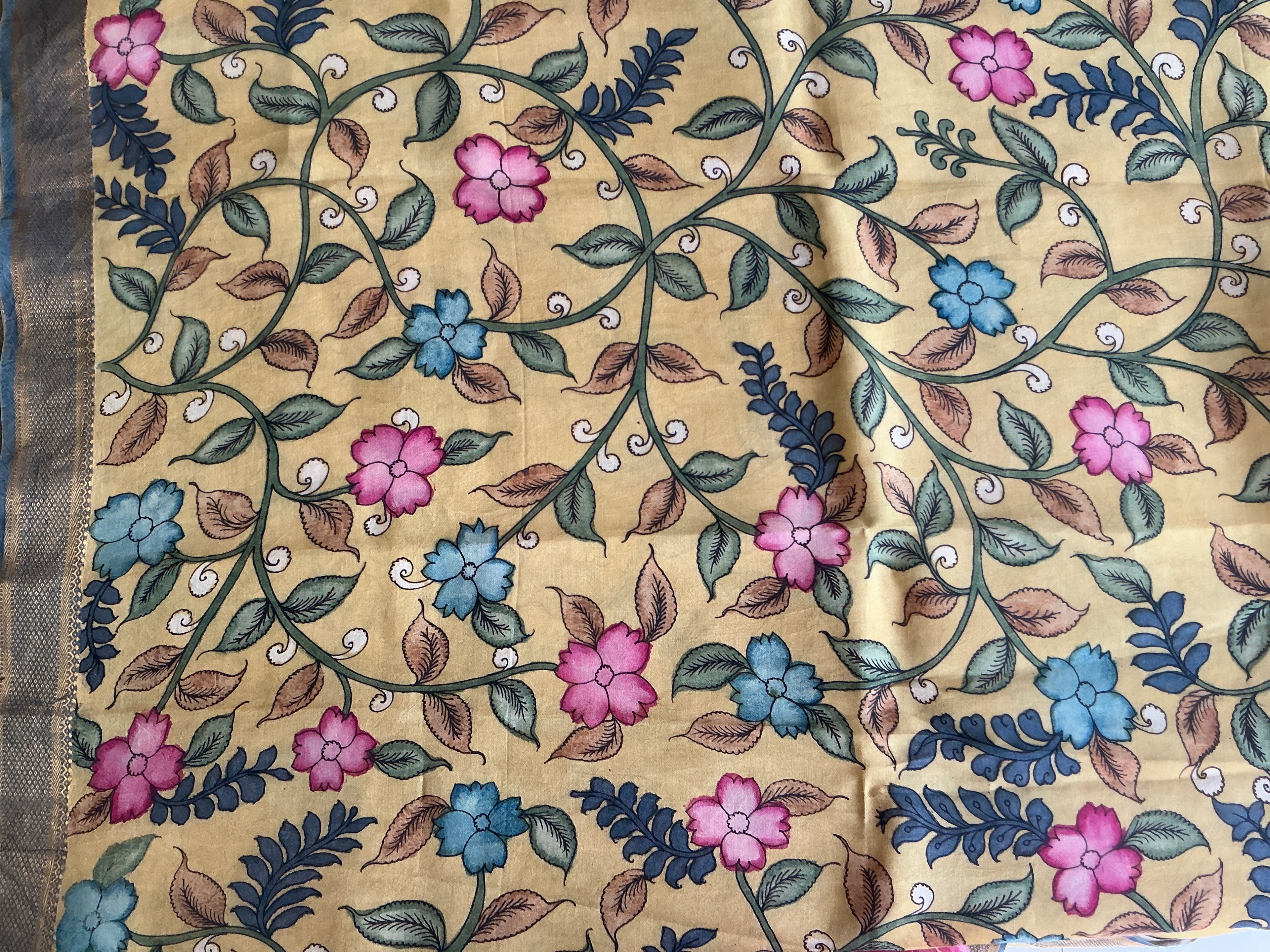 PREMIUM PURE KALANKARI SAREE MUSTED YELLOW