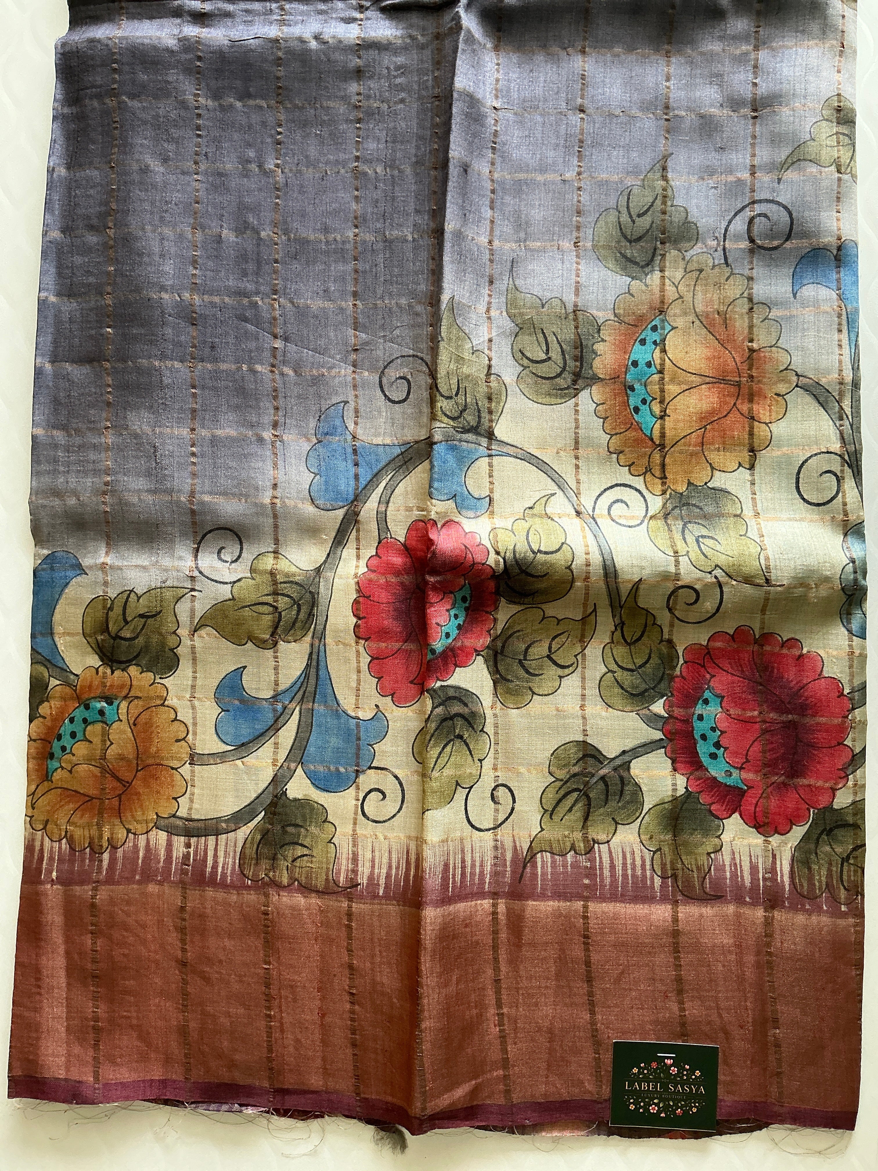 PREMIUM TUSSER CHECKS SAREE ASH AND KALANKARI BORDER