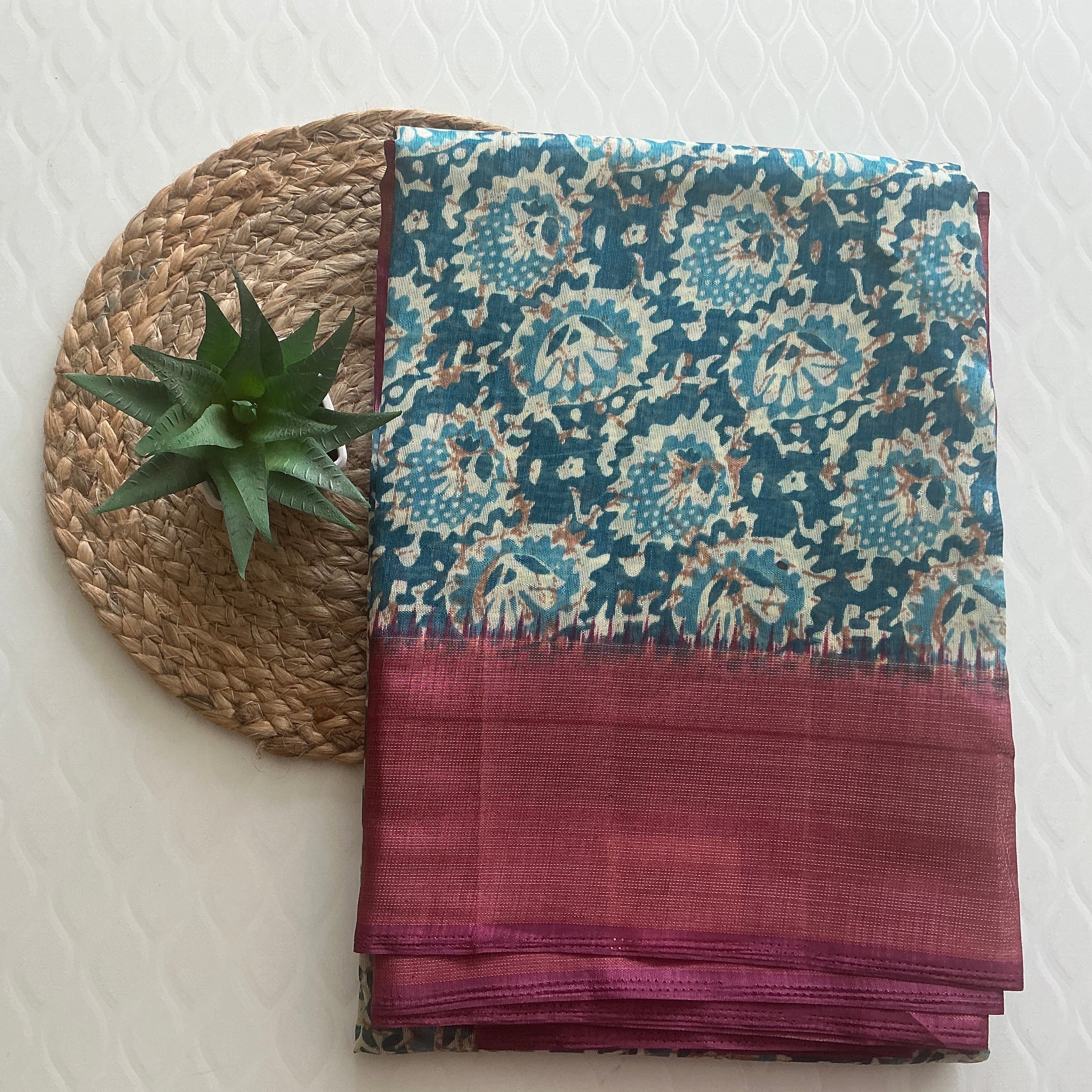 HERITAGE SILK COTTON SAREE BLUE AND MENGANTA BORDER
