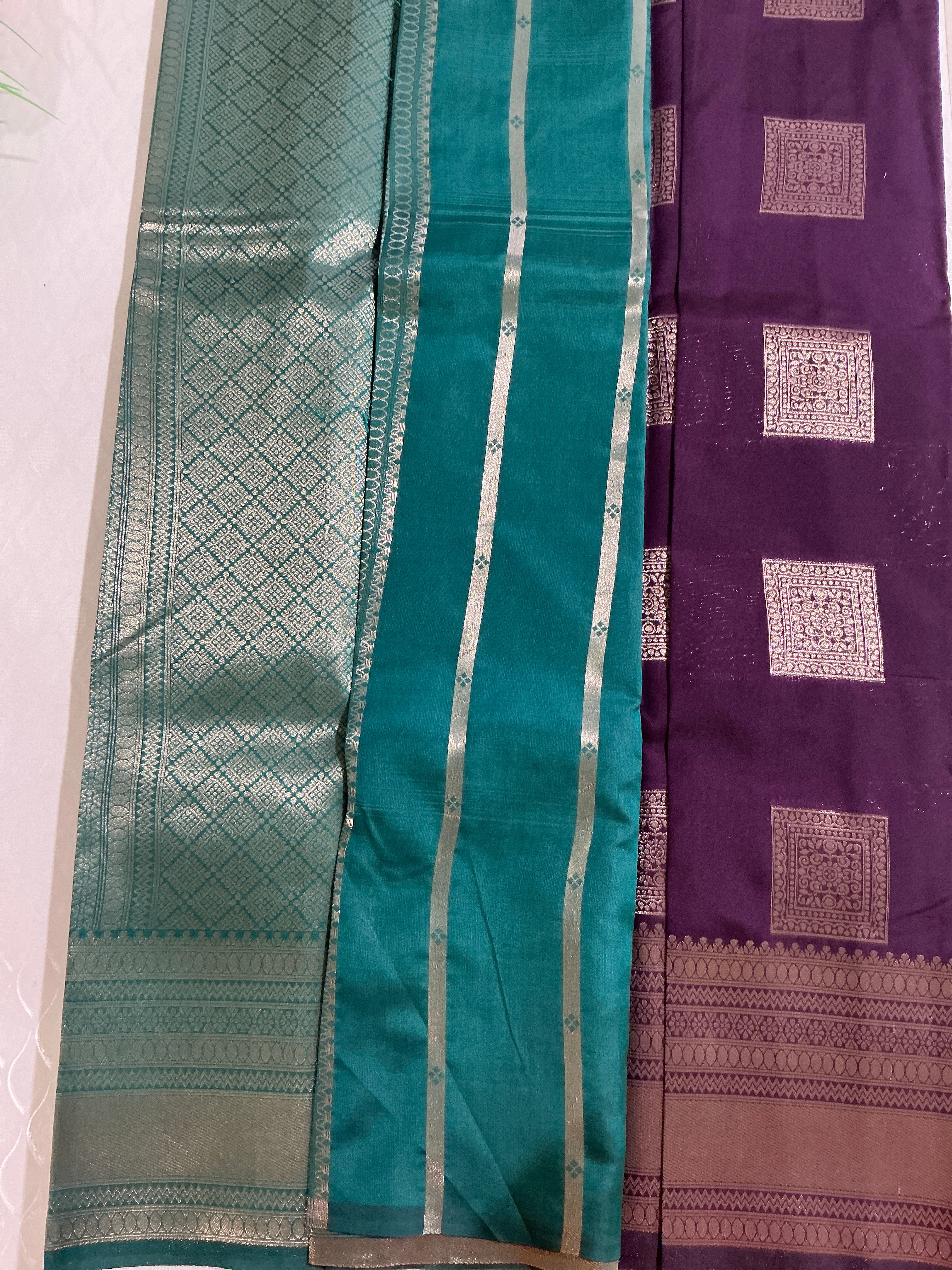 PREMIUM PATTU CONTRAST BORDER PURPLE AND TEAL SAREE
