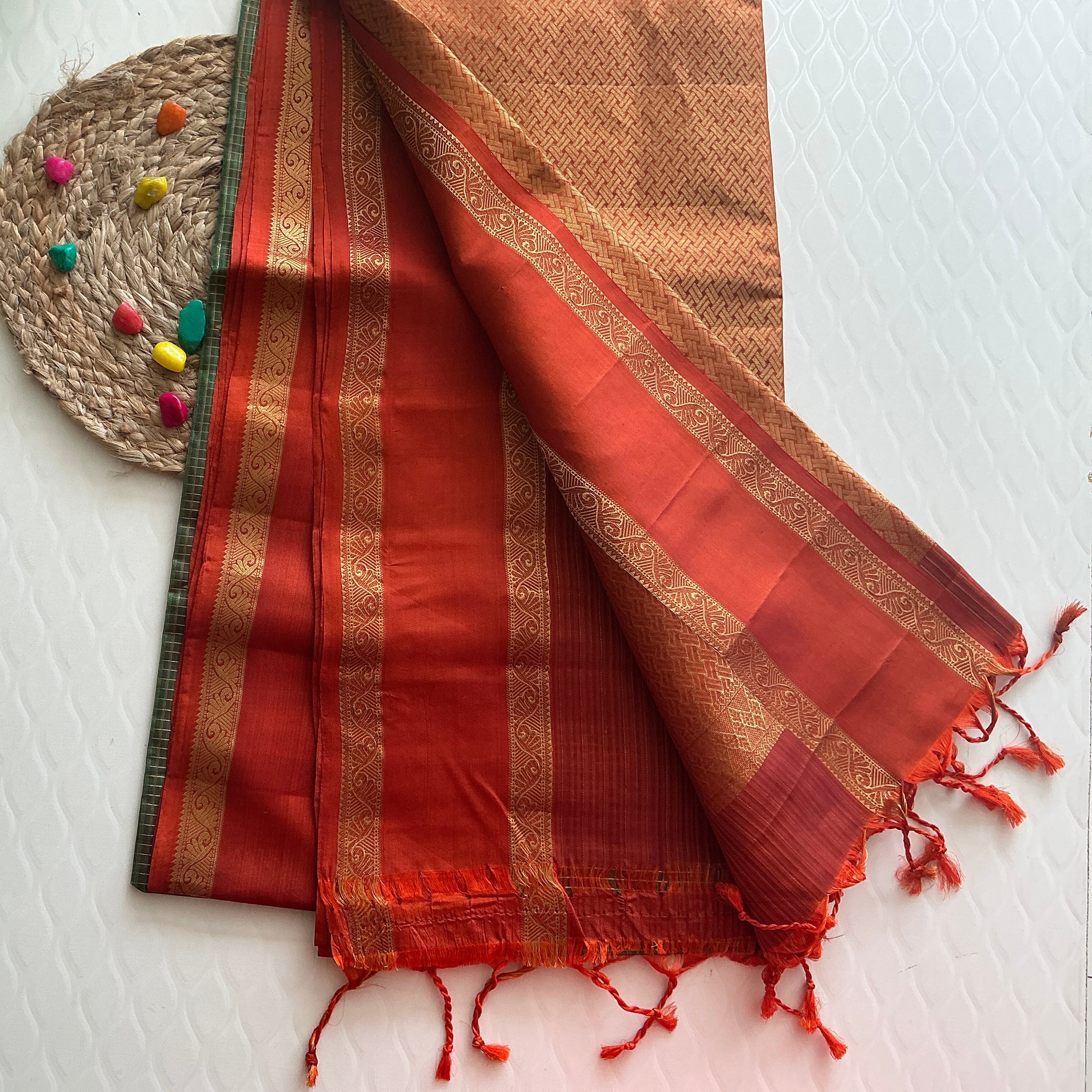 ROYAL PISTA GREEN AND ORANGE BUTTAS KACHI PATTU SAREE
