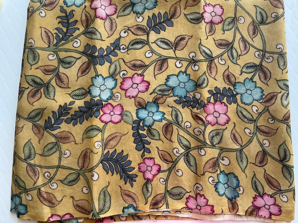 PREMIUM PURE KALANKARI DRESS MATERIAL MUSTED YELLOW 9 1/2 METERS