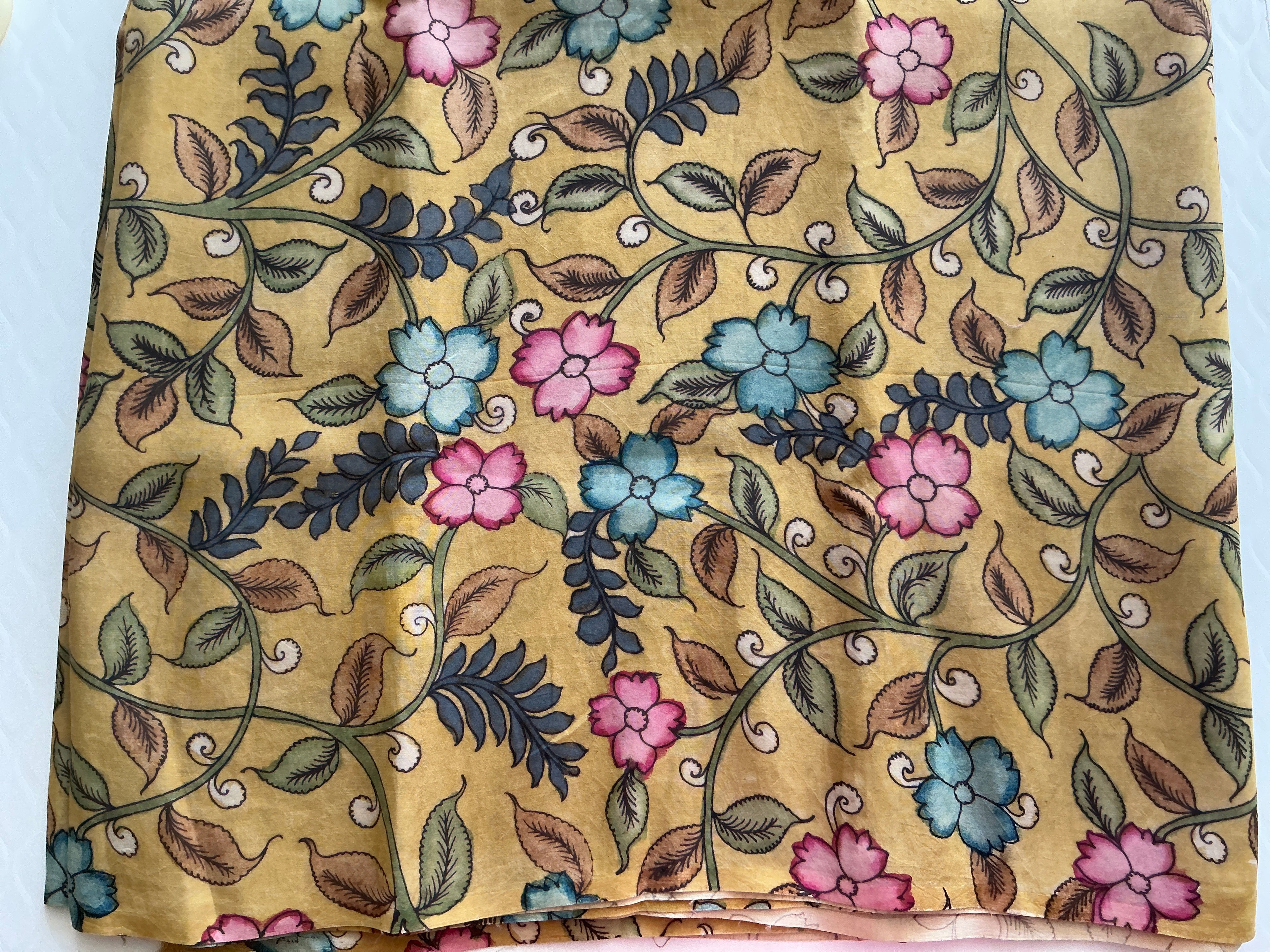 PREMIUM PURE KALANKARI DRESS MATERIAL MUSTED YELLOW 9 1/2 METERS