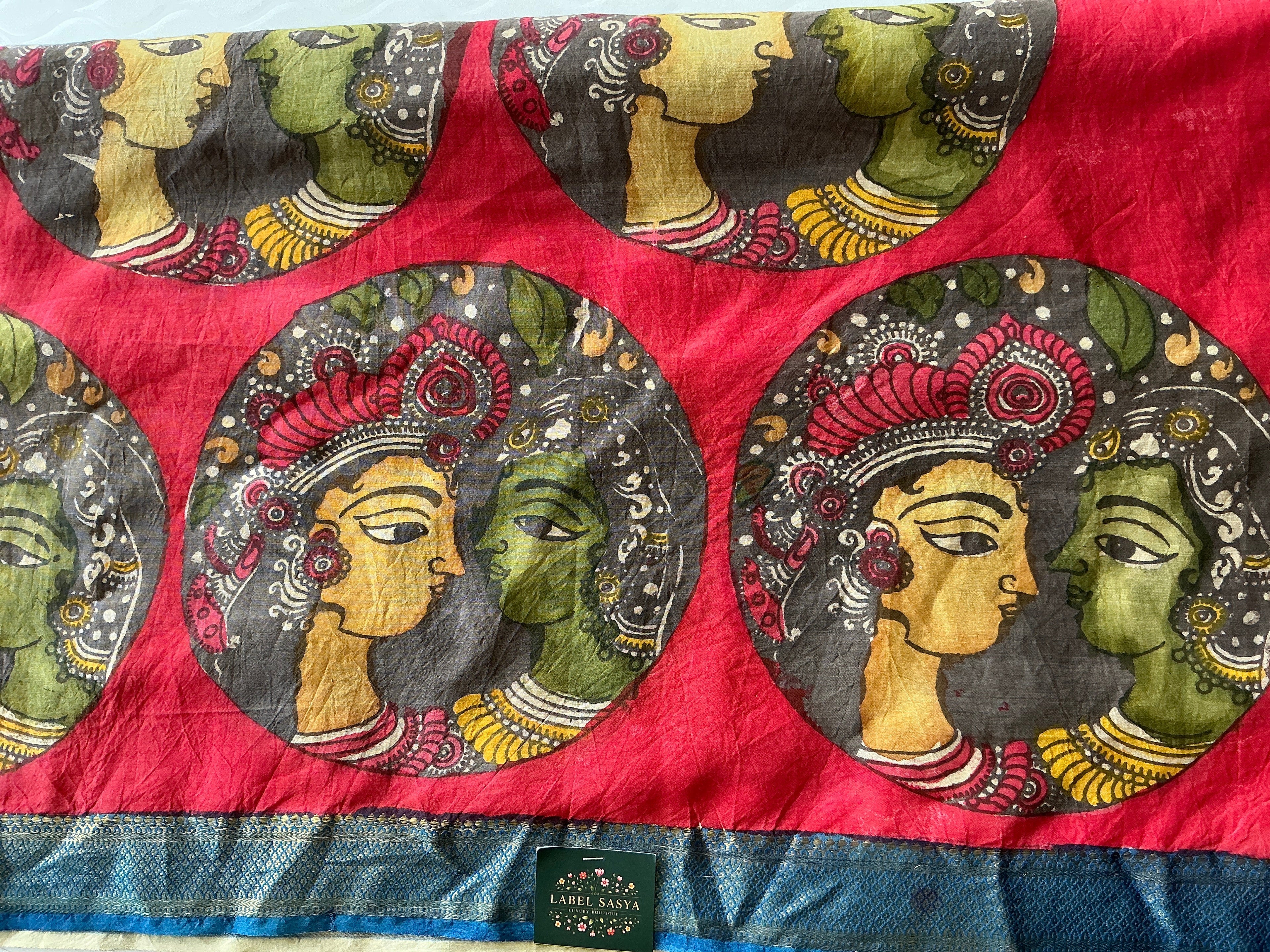 PREMIUM KALANKARI RED AND BLUE BORDER DUPATTA