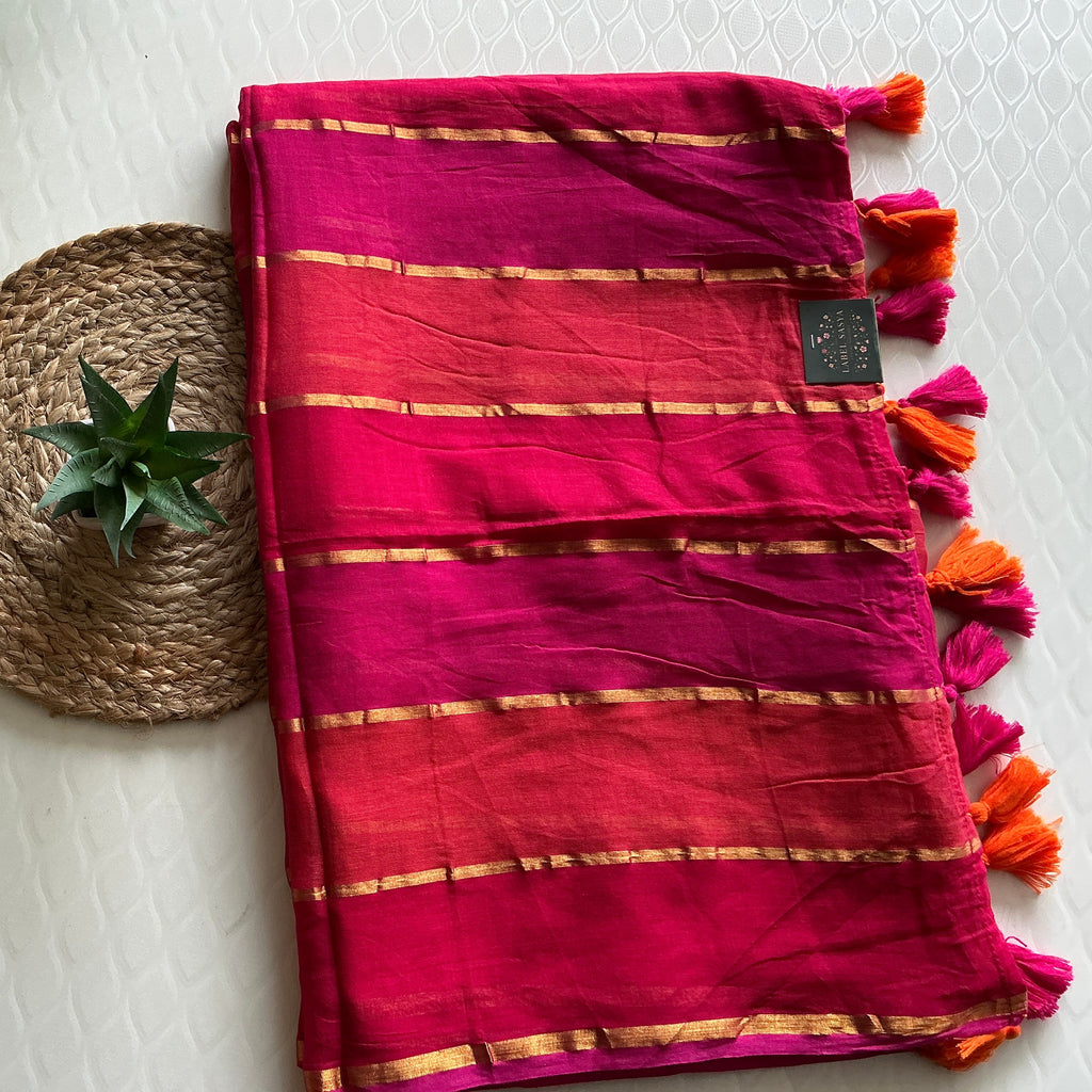 PREMIUM  RAINBOW MUL COTTON  SAREE PINK & ORANGE