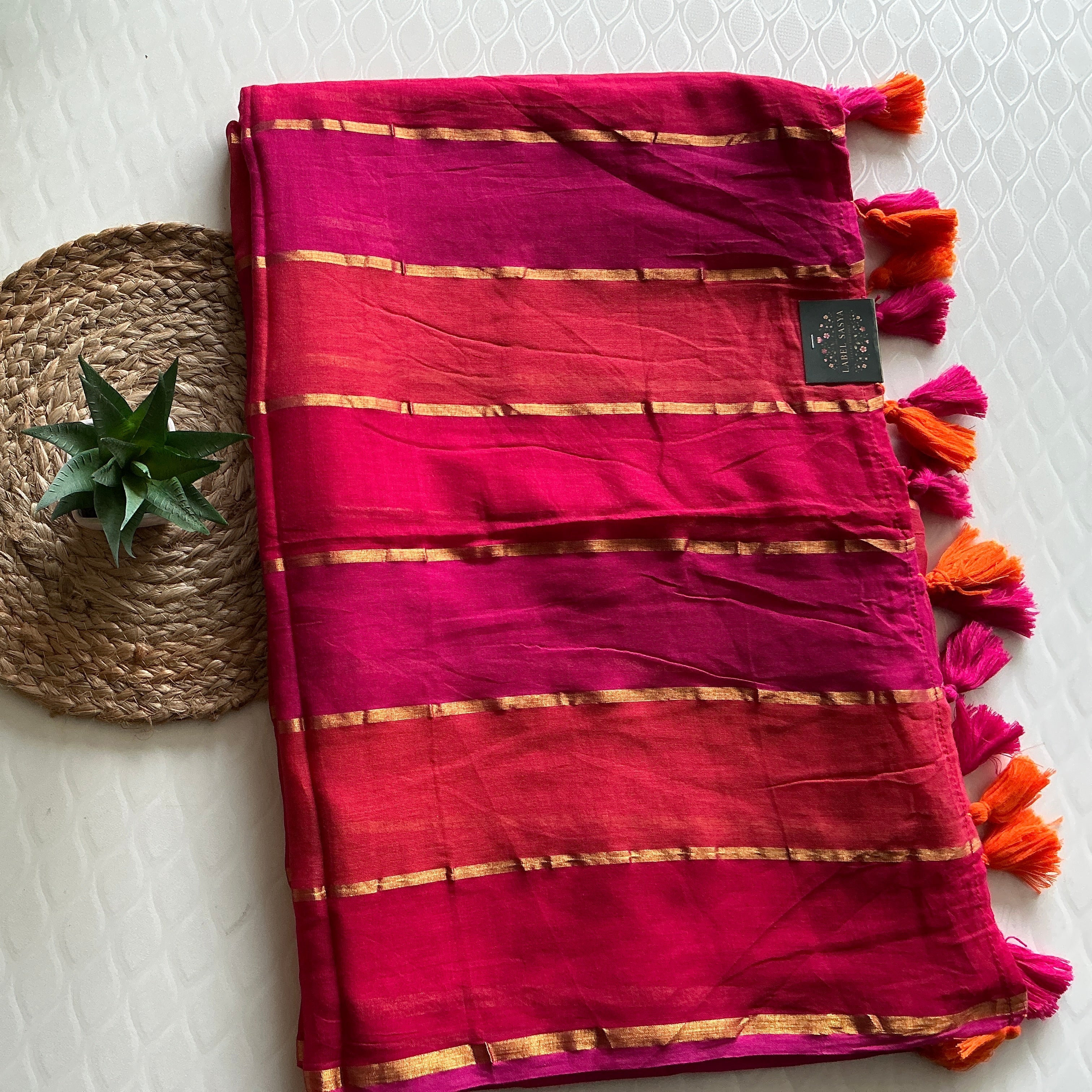 PREMIUM  RAINBOW MUL COTTON  SAREE PINK & ORANGE