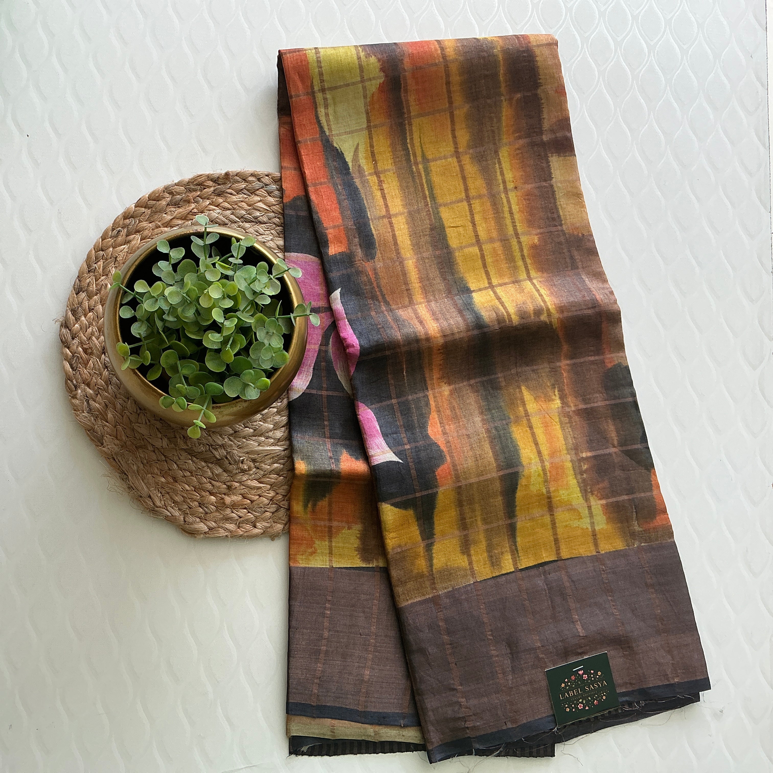 PREMIUM TUSSER CHECKS SAREE YELLOW AND BLACK