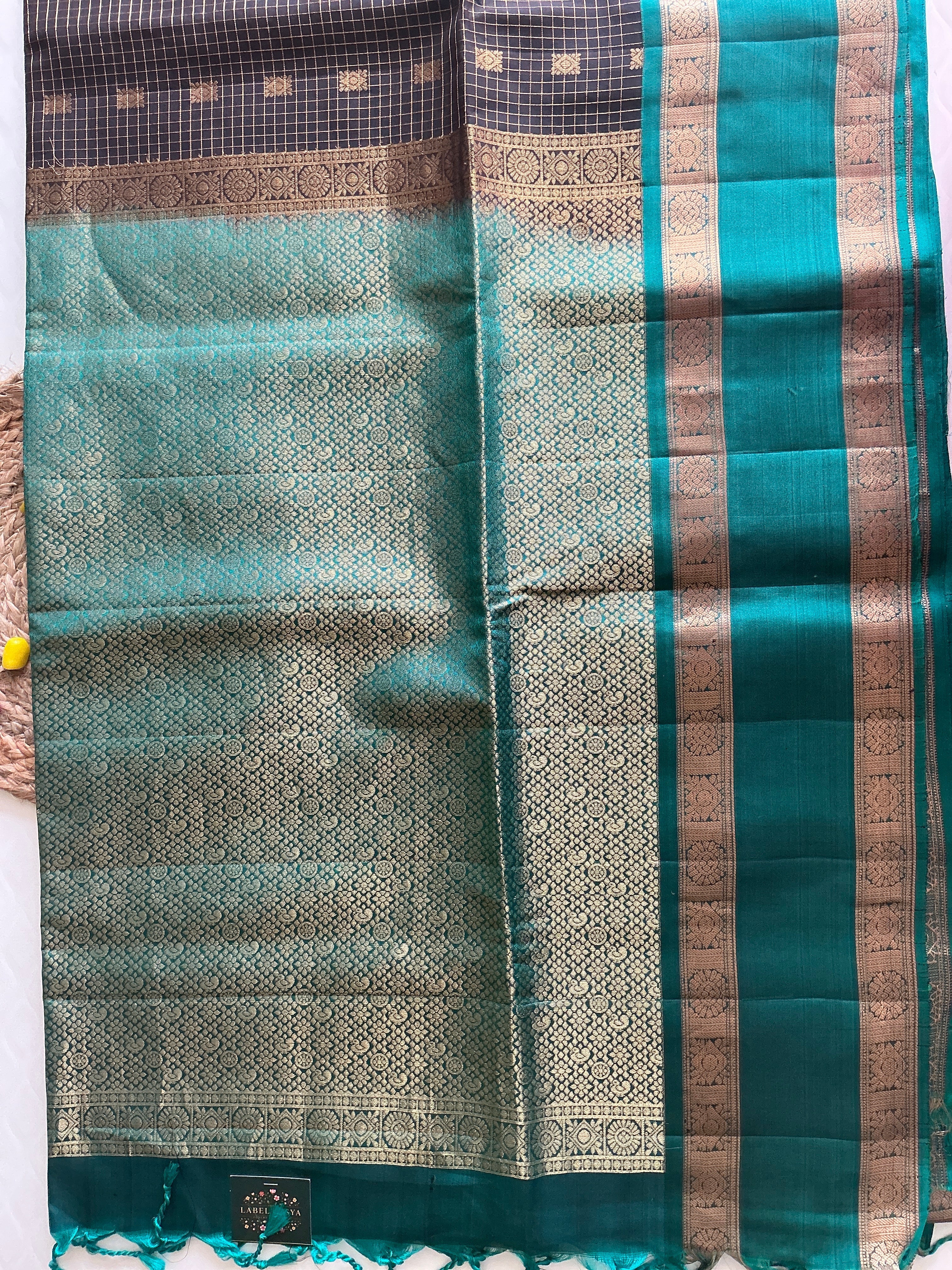 PREMIUM KANCHI  PATTU SAREE DARK BROWAN AND SKY BLUE BUTTAS