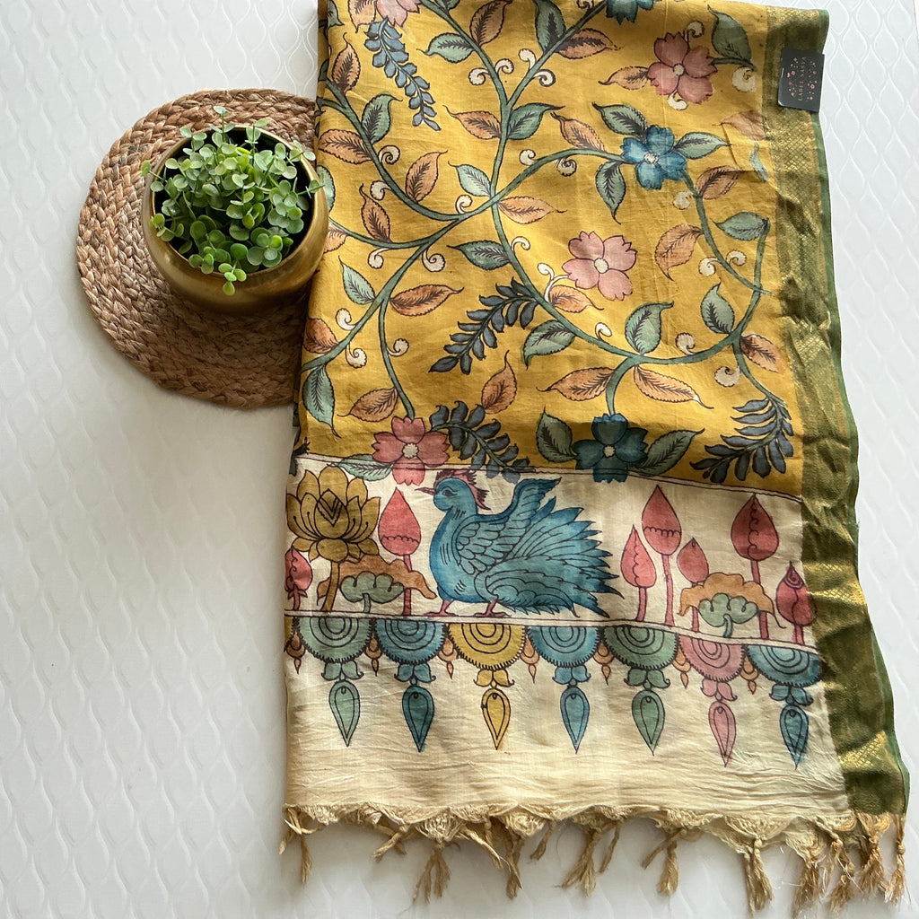 PREMIUM PURE KALANKARI YELLOW AND PESARA GREEN BORDER DUPATTA